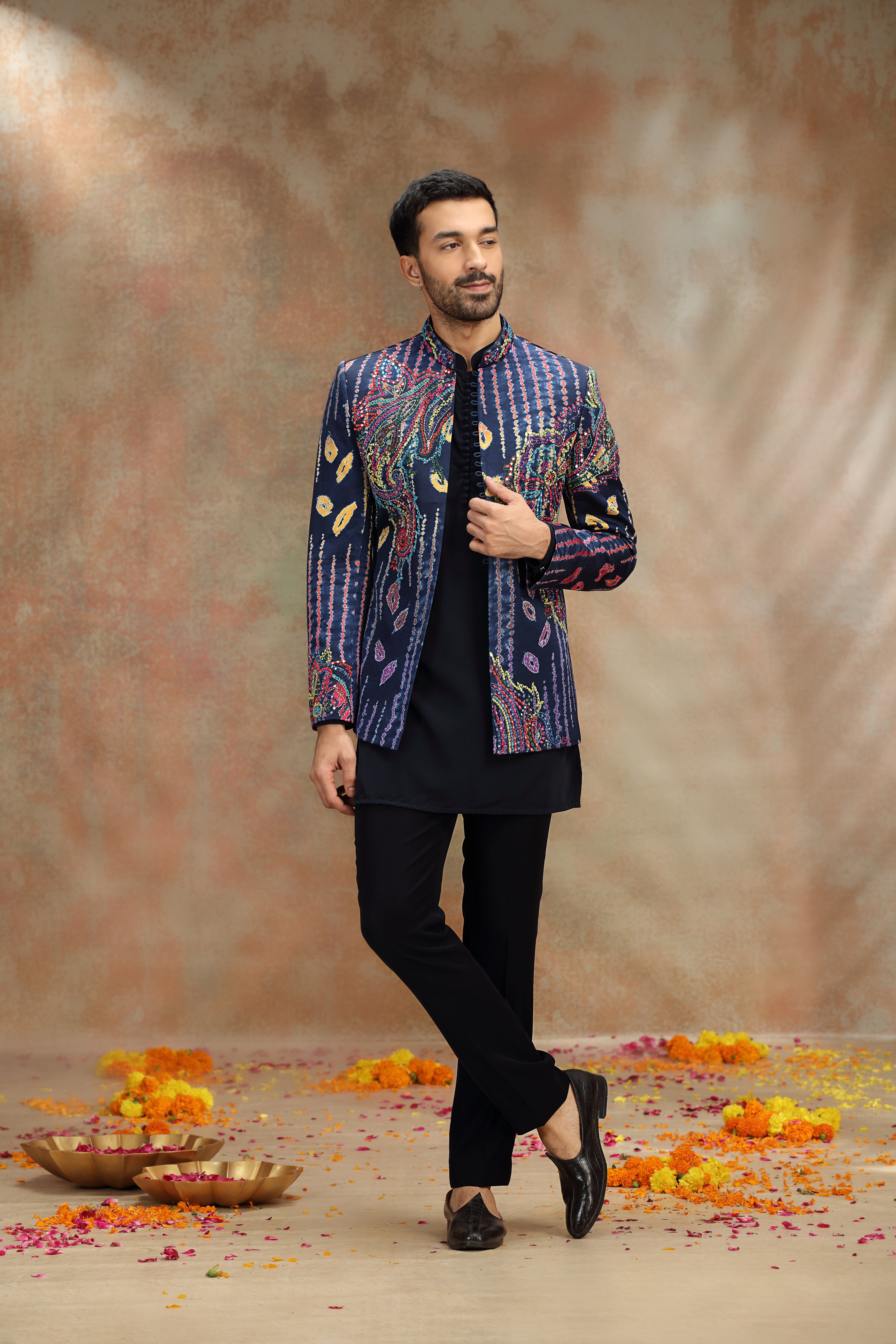 Navy Blue Indo Set with Print Work