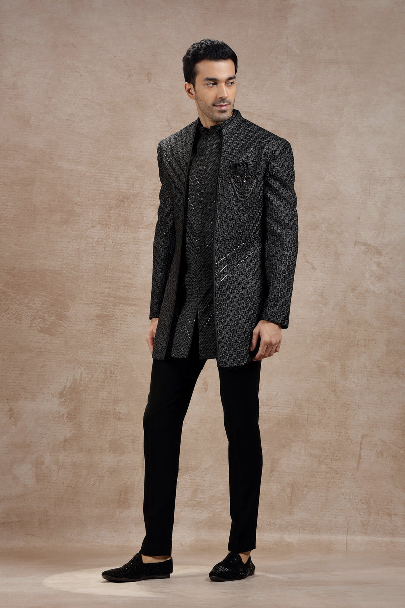Black Silk Indo western Set with Embroidery & Sequins