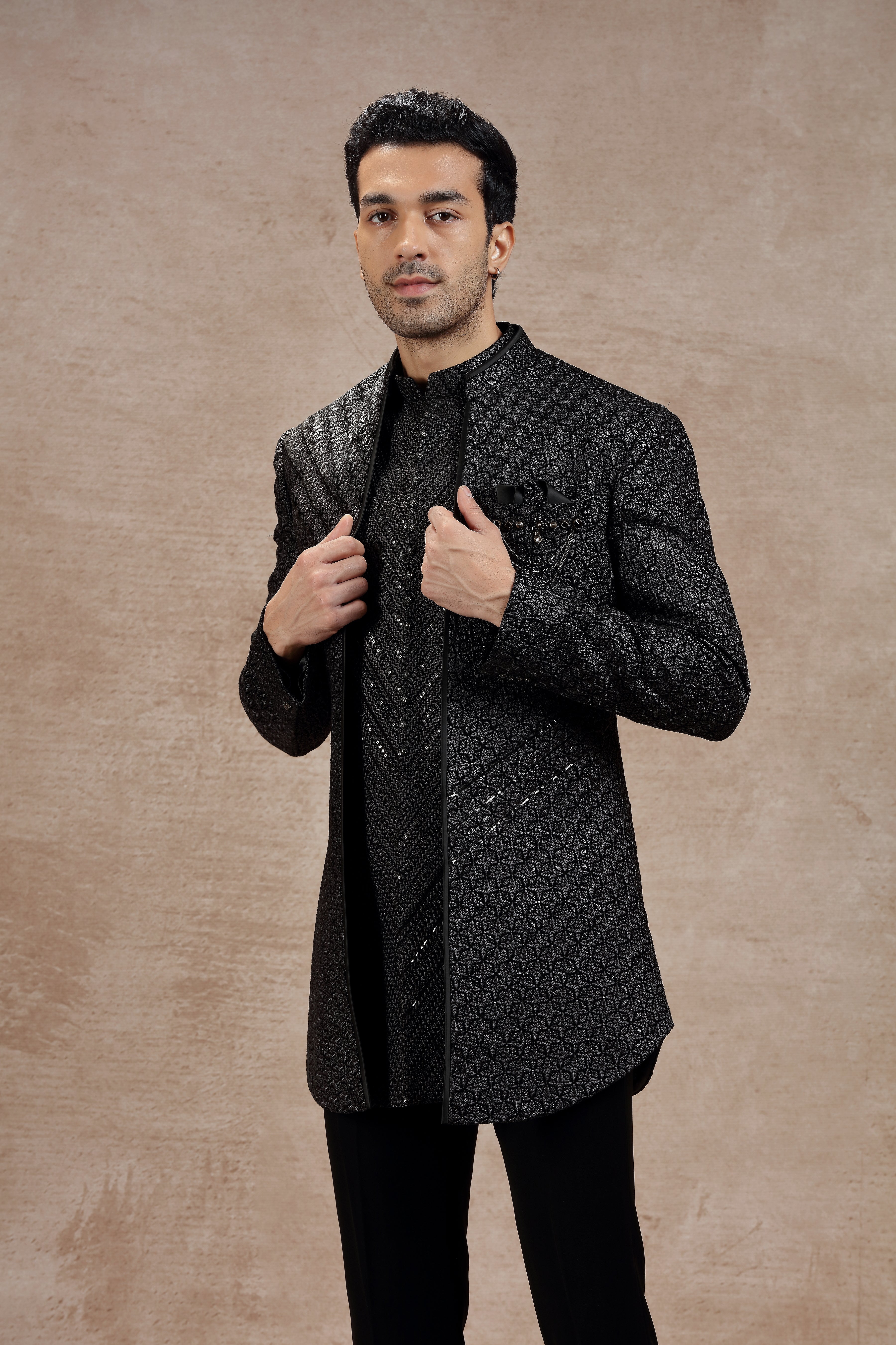 Black Silk Indo western Set with Embroidery & Sequins - Shreeman