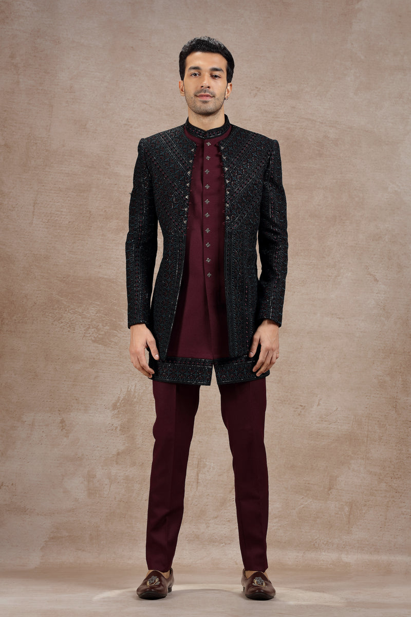 Maroon & Black Silk Indo Western Set With Sequin Work
