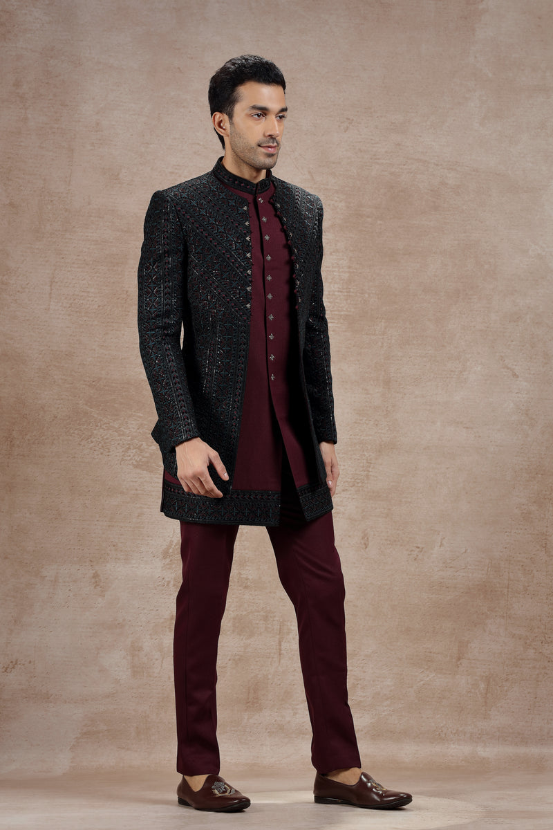 Maroon & Black Silk Indo Western Set With Sequin Work