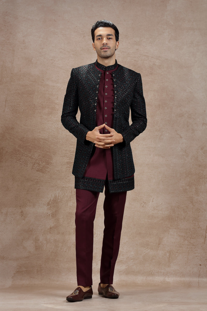 Maroon & Black Silk Indo Western Set With Sequin Work