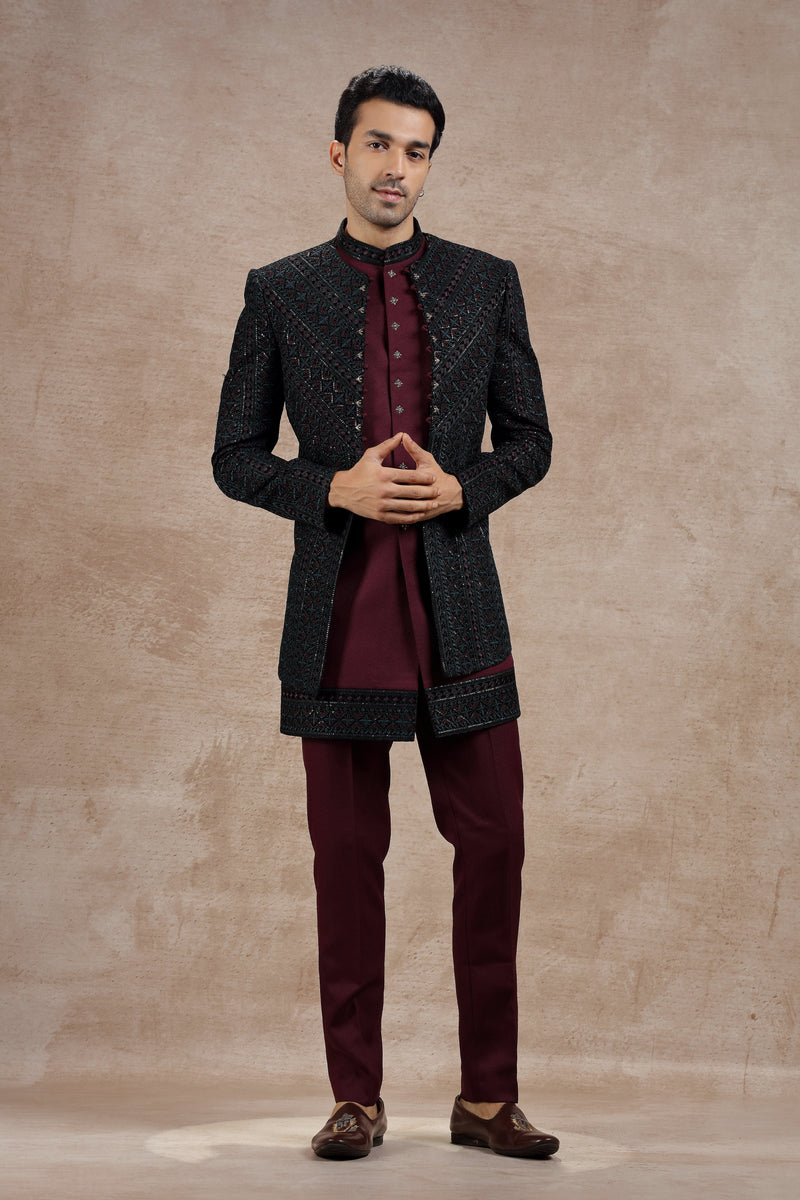 Maroon & Black Silk Indo Western Set With Sequin Work