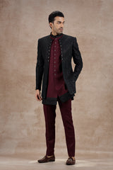 Maroon & Black Silk Indo Western Set With Sequin Work