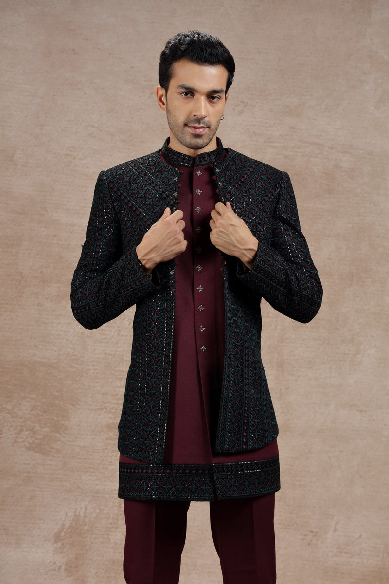 Maroon & Black Silk Indo Western Set With Sequin Work