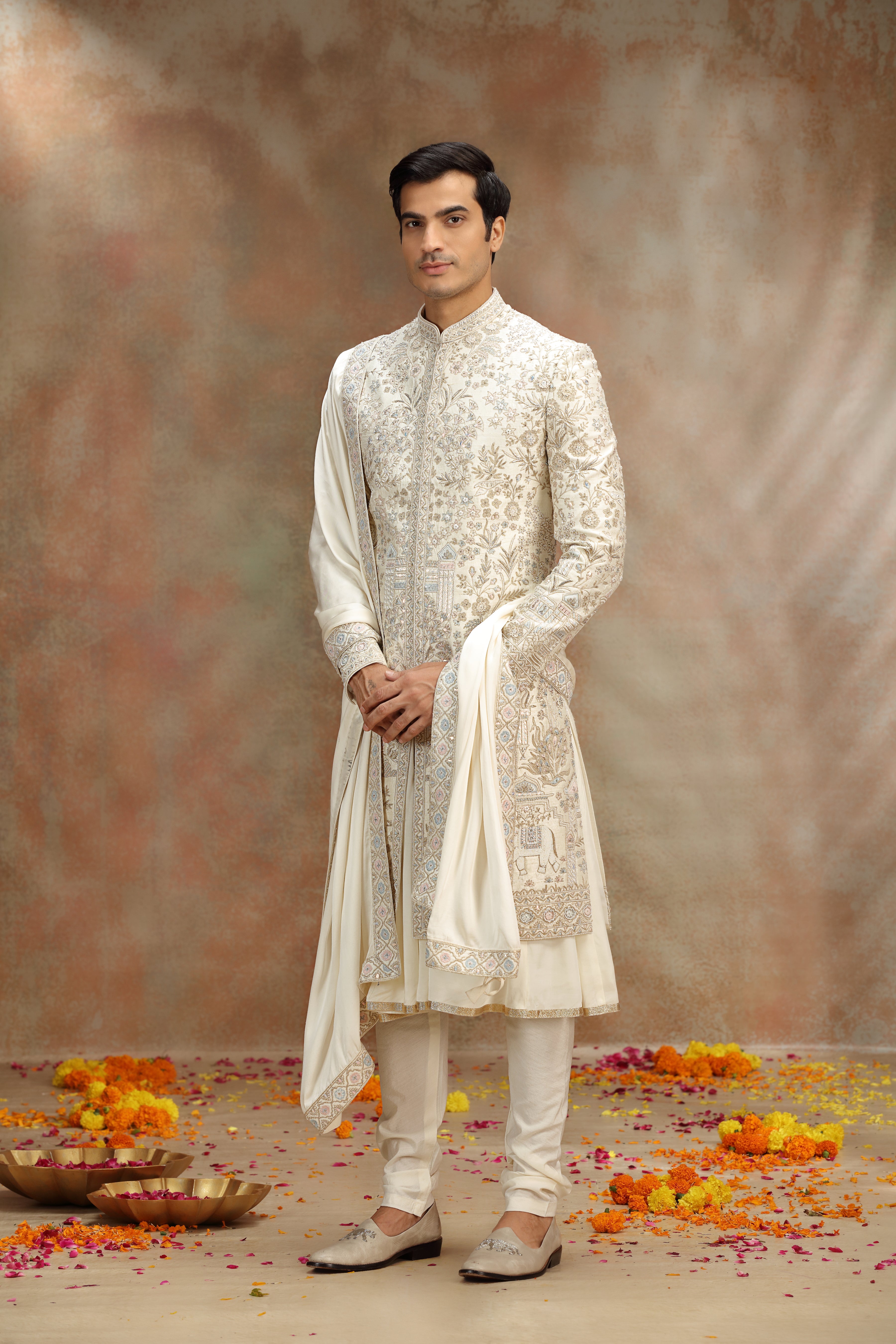Off White Silk Sherwani with Resham Zardosi Work