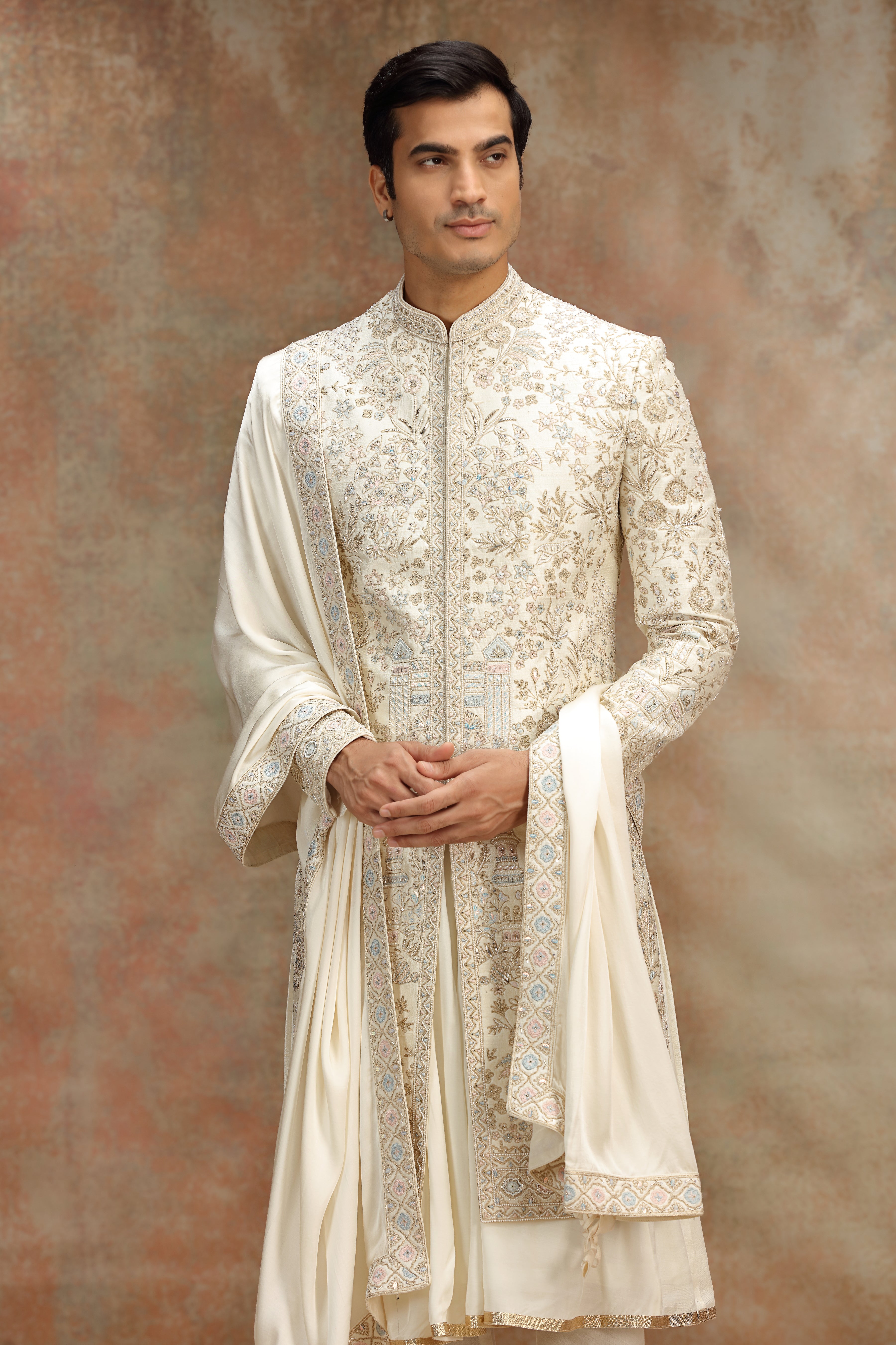 Off White Silk Sherwani with Resham Zardosi Work