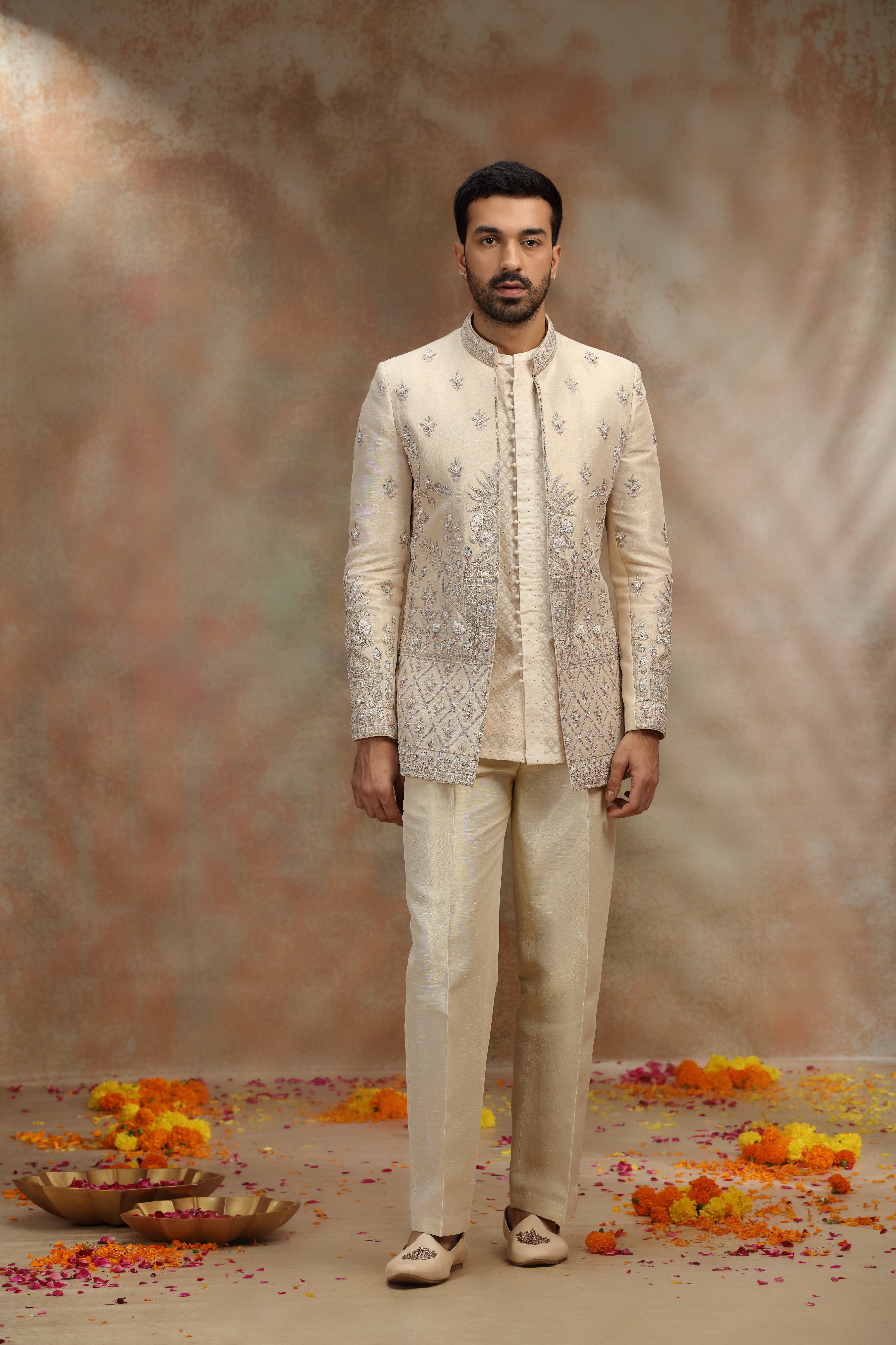 Cream Silk Indo Set with Resham Cutdana Work