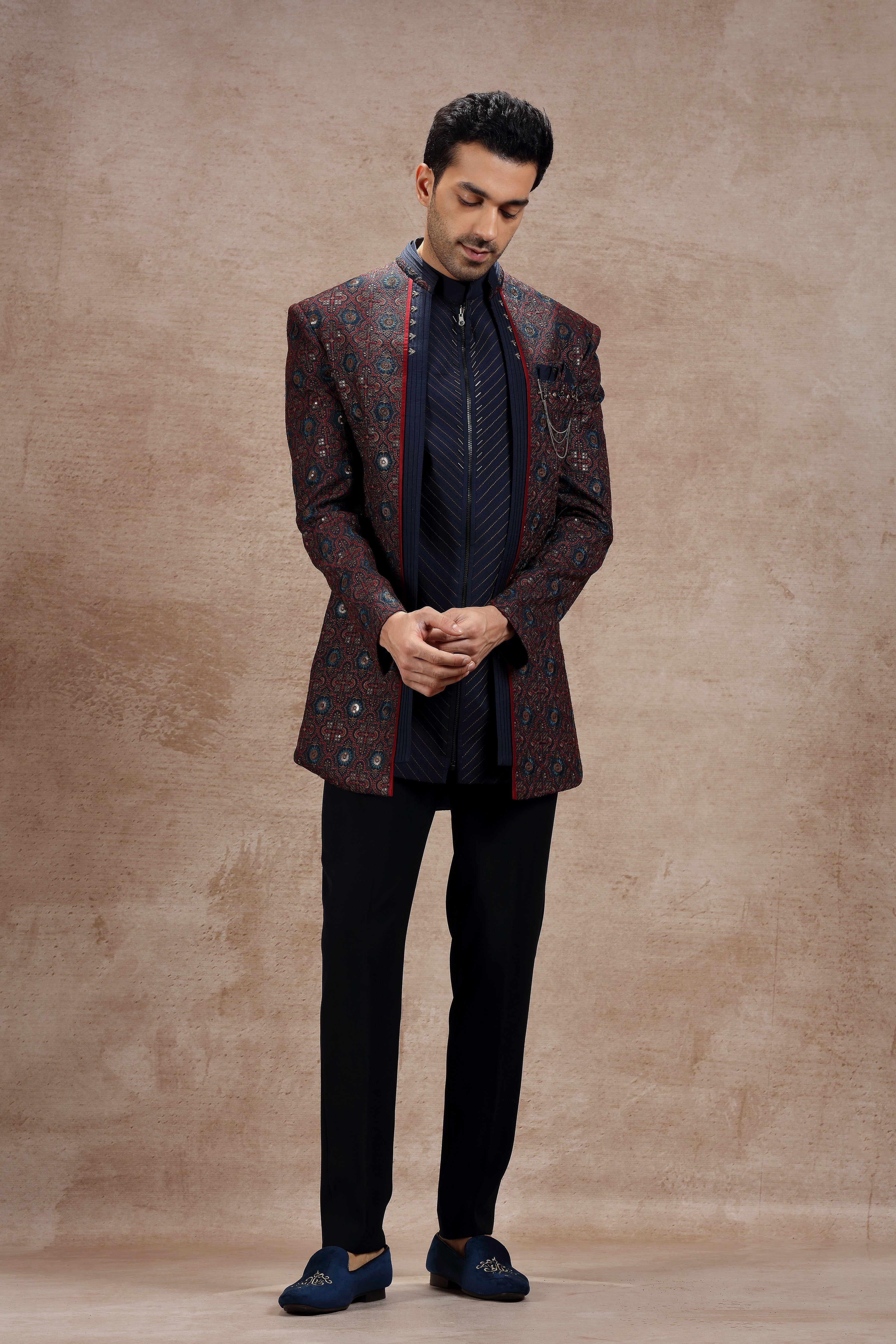 Maroon & Blue Silk Indowestern With Traditional Motifs - Shreeman