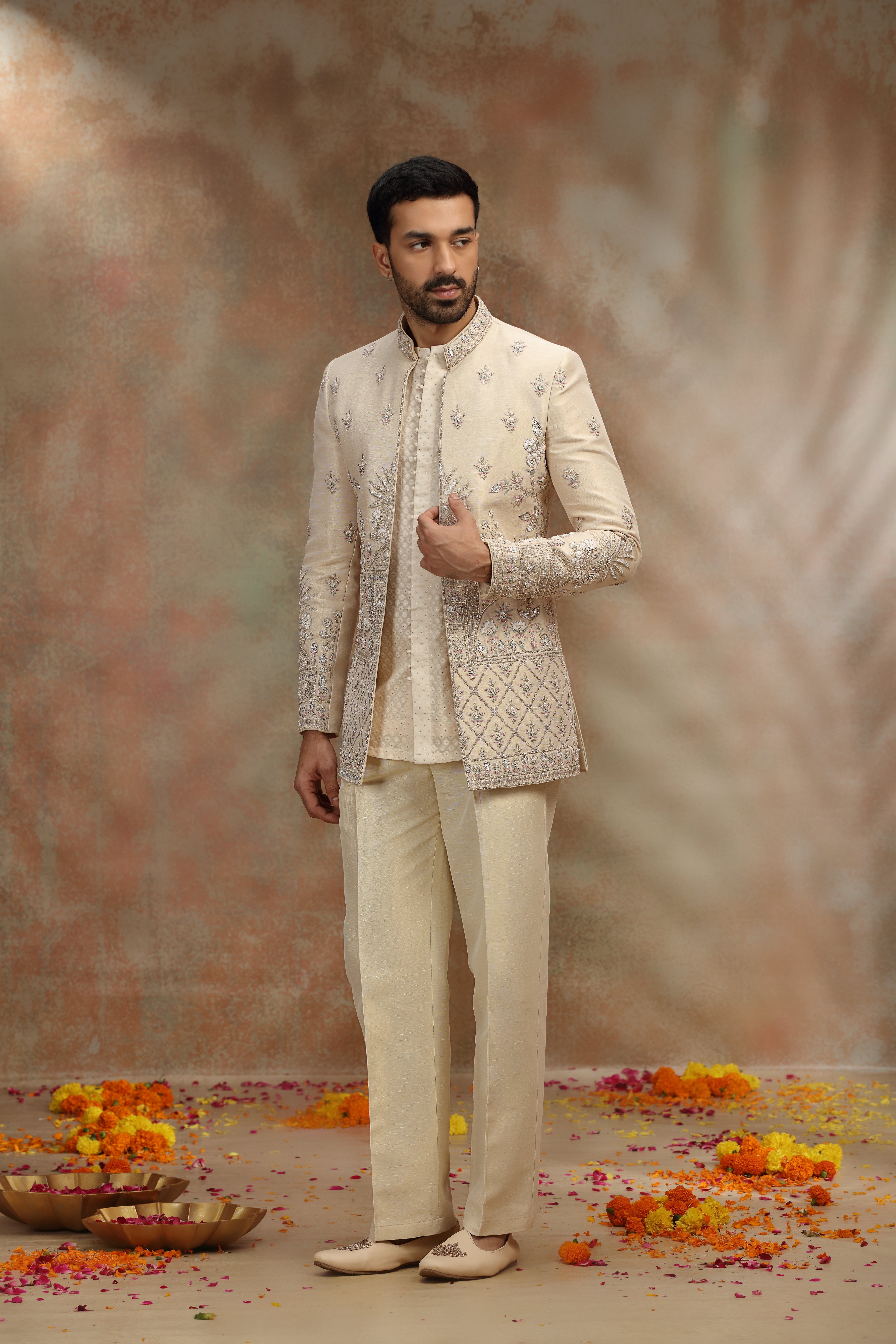 Cream Silk Indo Set with Resham Cutdana Work
