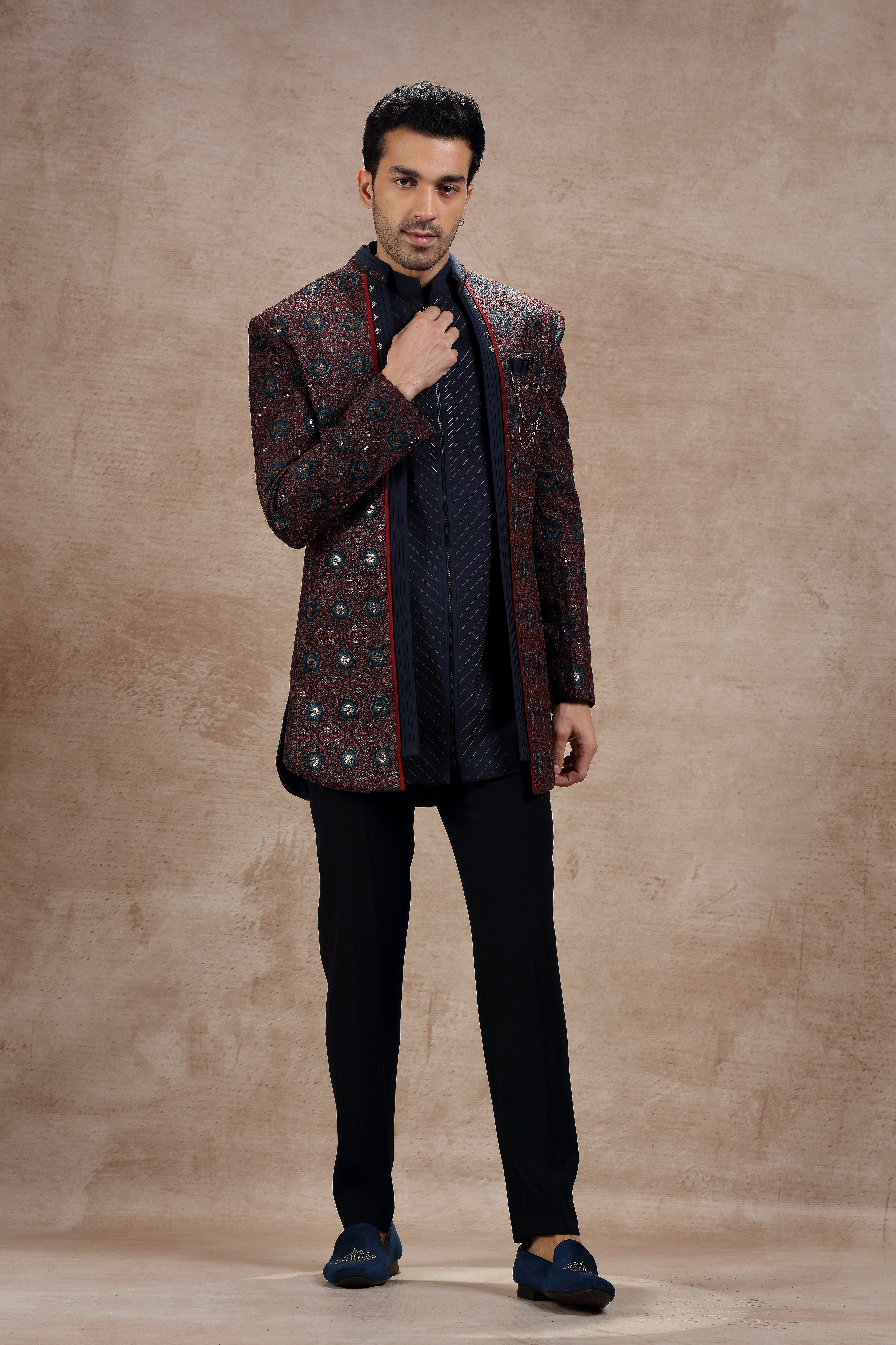 Maroon & Blue Silk Indowestern With Traditional Motifs - Shreeman