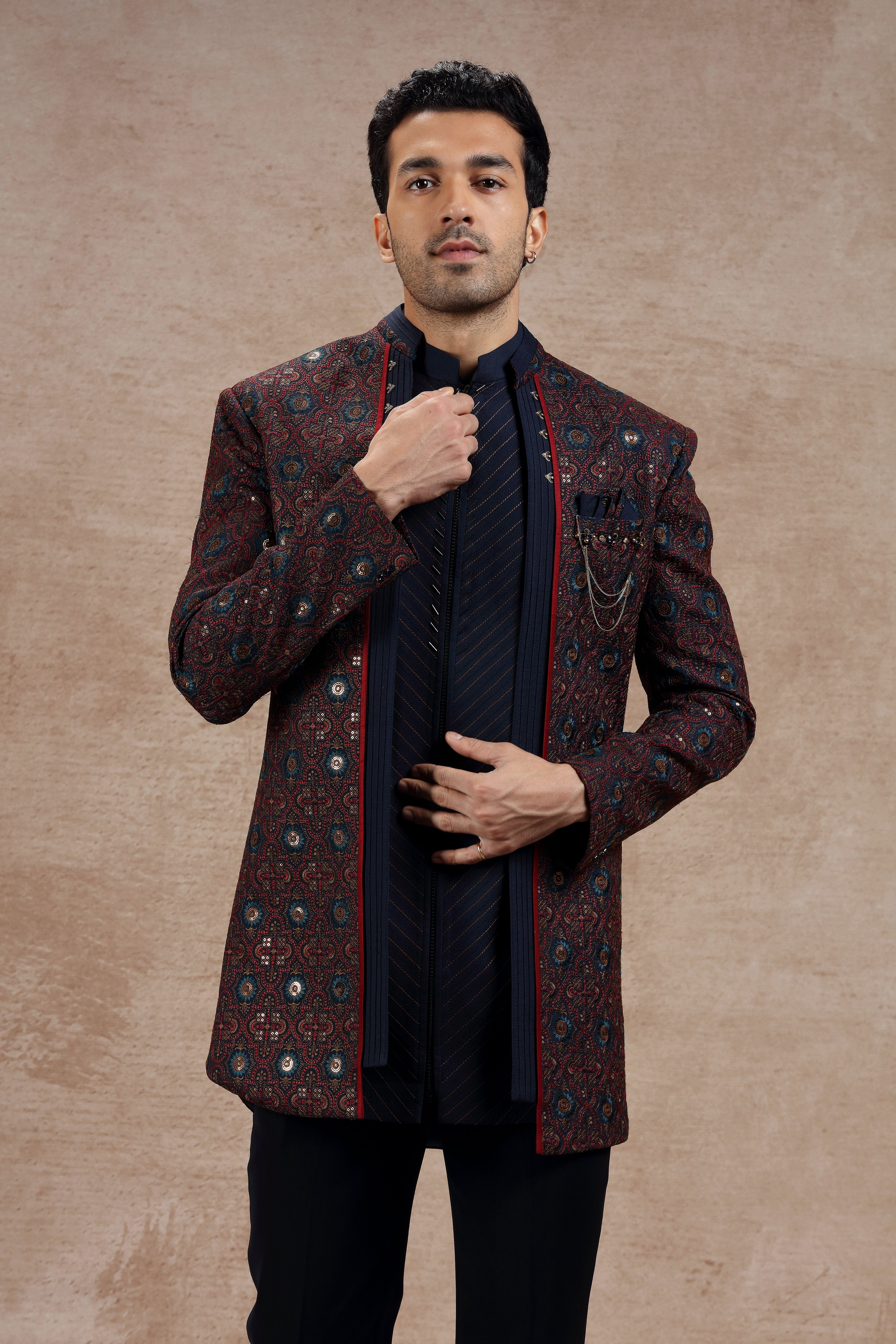 Maroon & Blue Silk Indowestern With Traditional Motifs - Shreeman