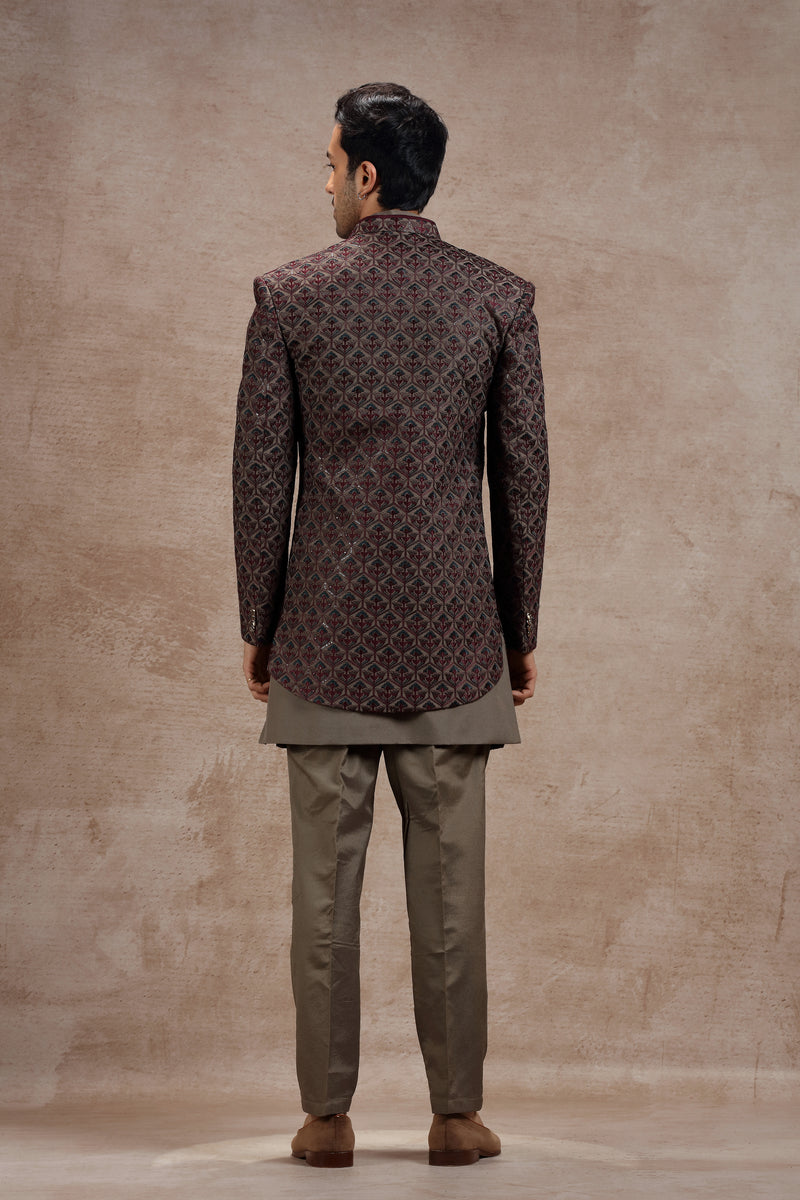 Brown & Maroon Silk Indowestern With Geometric Motif