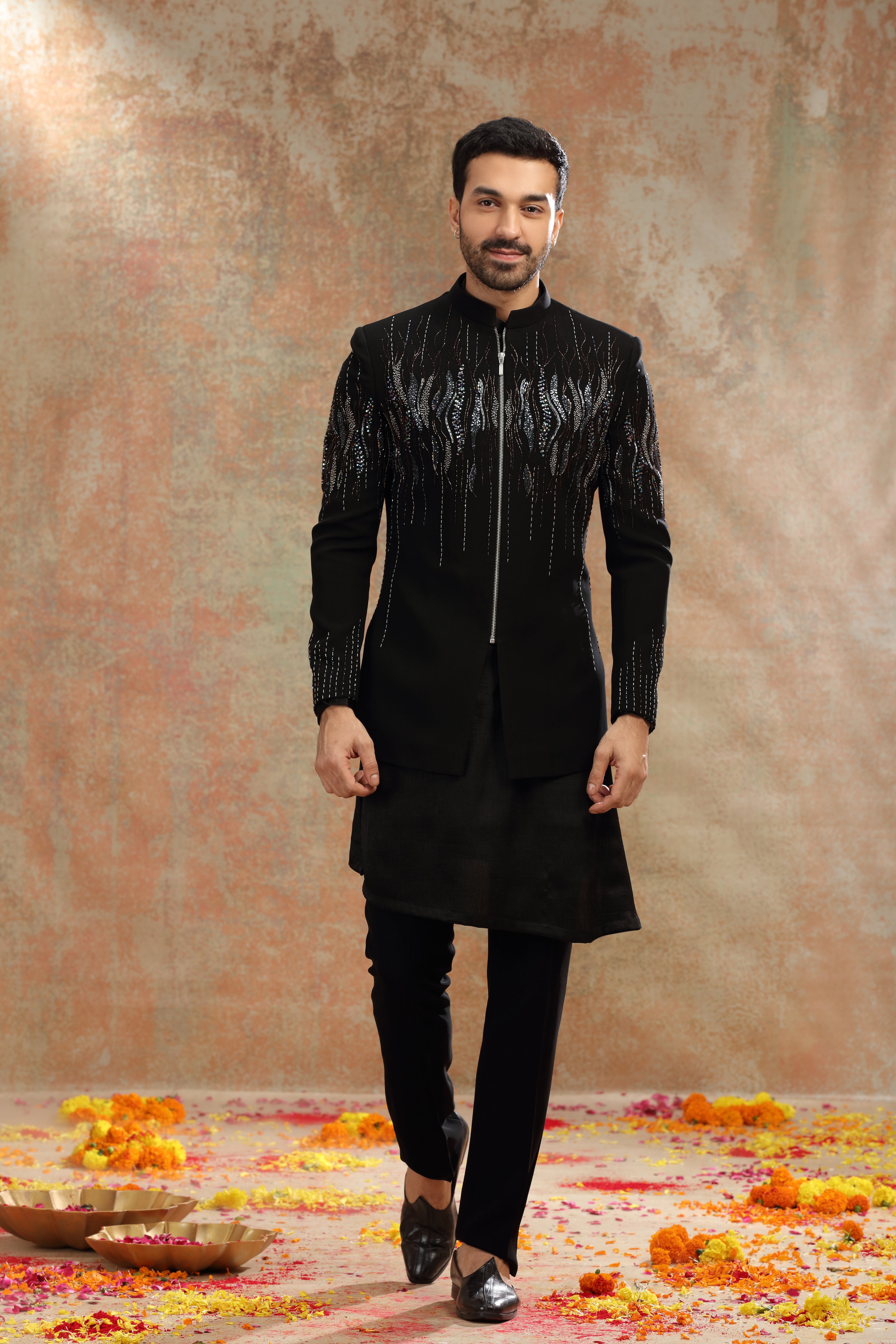 Black Suiting Indo Set with Cutdana & Sequins