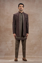 Brown & Maroon Silk Indowestern With Geometric Motif
