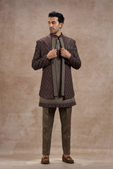 Brown & Maroon Silk Indowestern With Geometric Motif