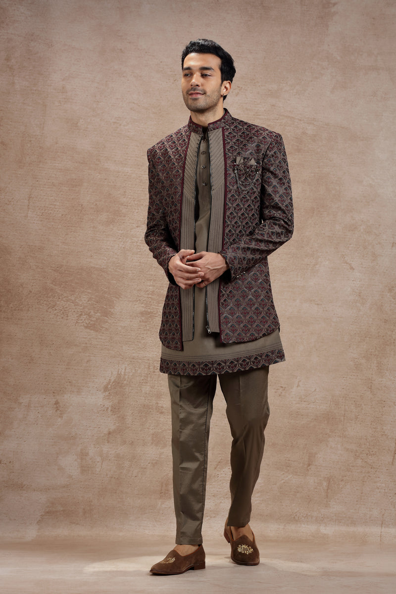 Brown & Maroon Silk Indowestern With Geometric Motif