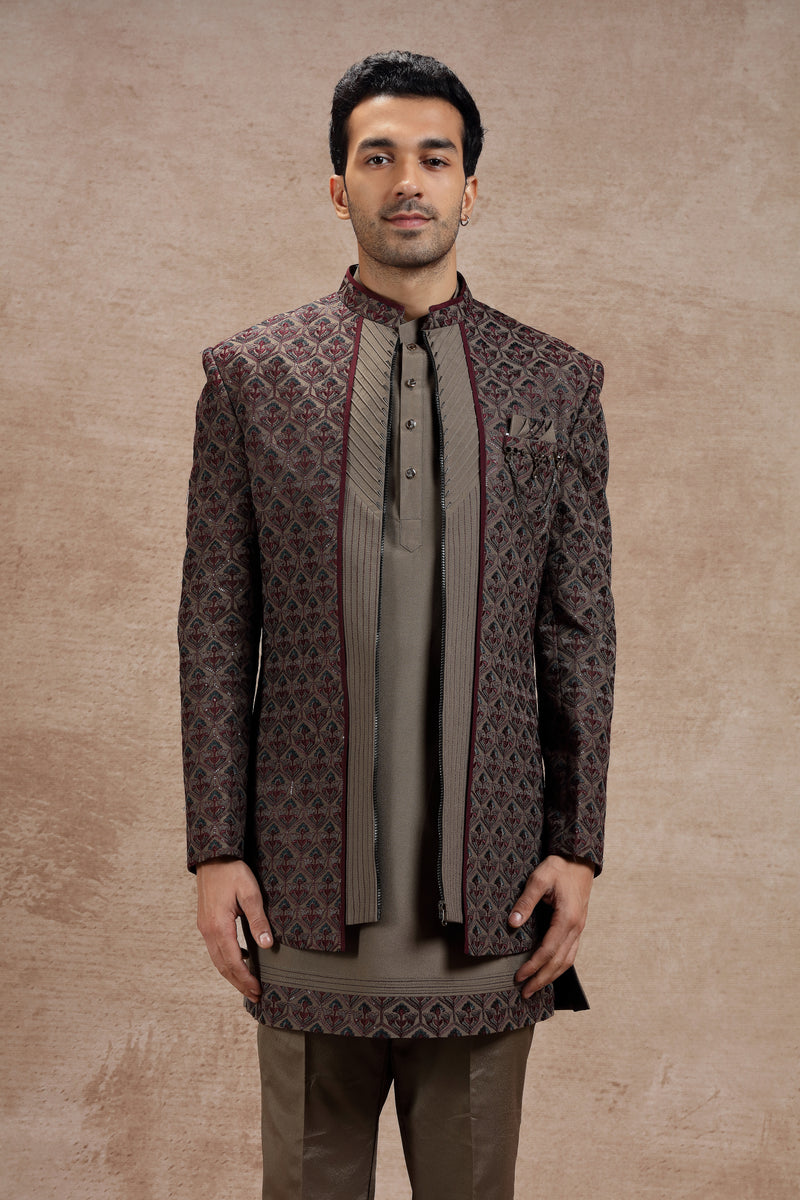 Brown & Maroon Silk Indowestern With Geometric Motif