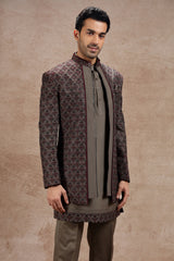 Brown & Maroon Silk Indowestern With Geometric Motif