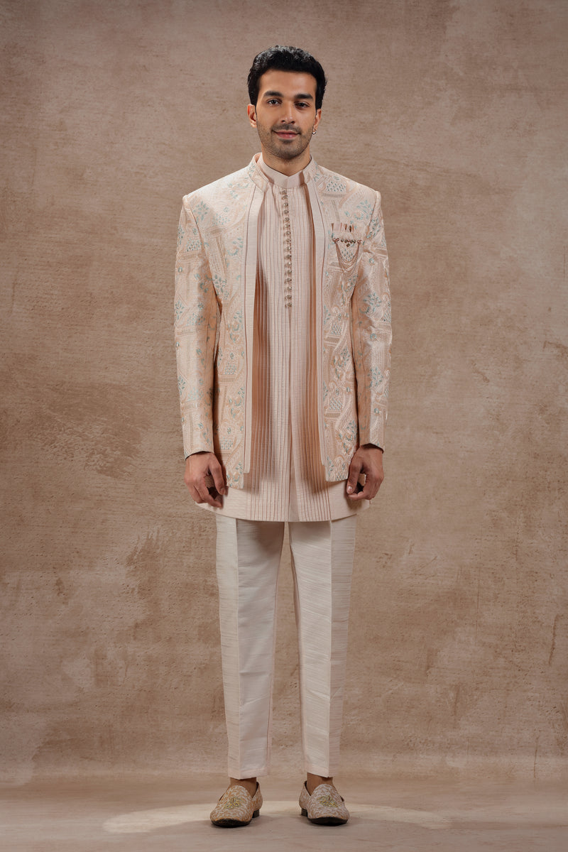Peach Silk Indowestern With Geometric Motifs
