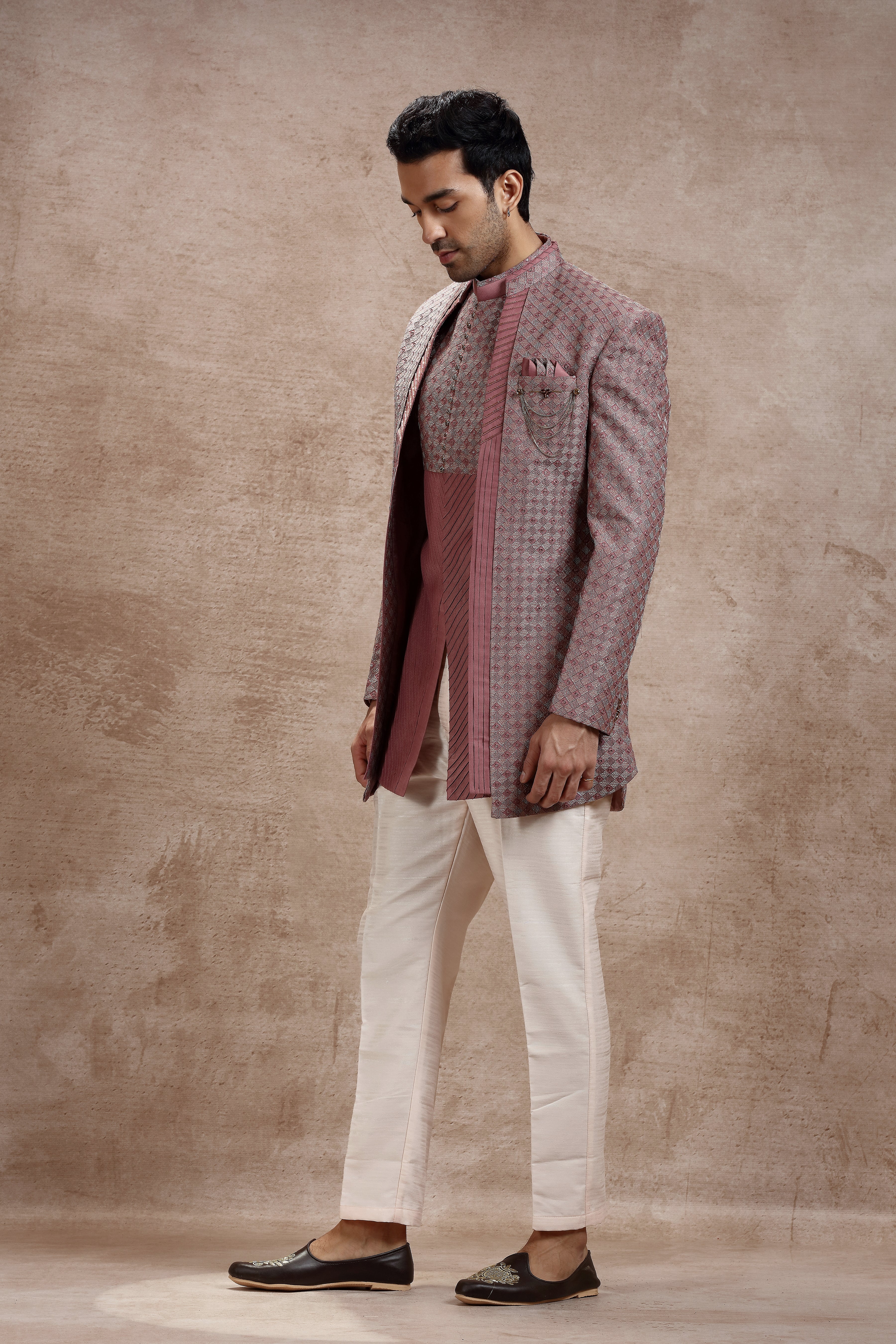 Coral Pink Silk Indowestern With Geometric Motifs - Shreeman