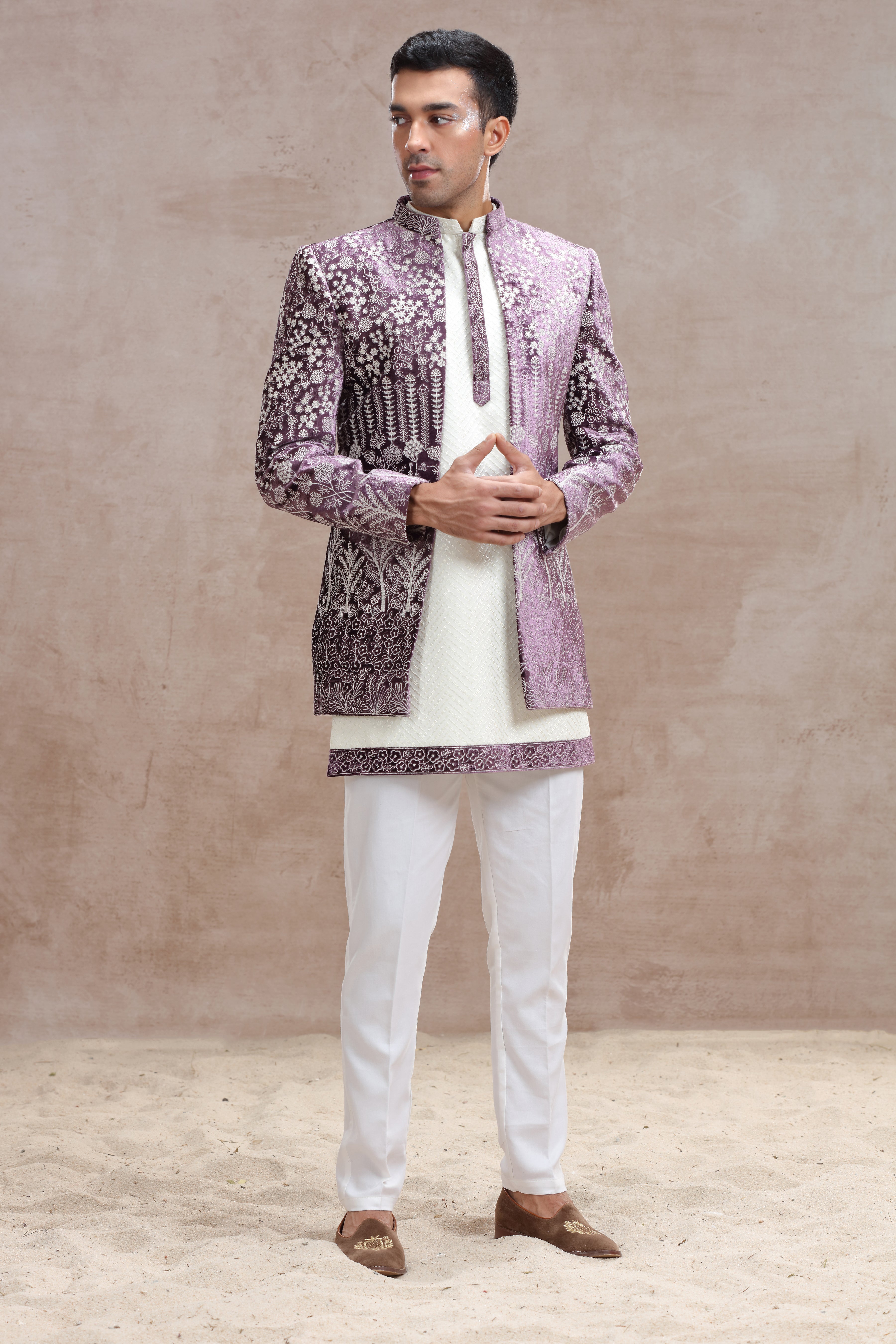 White & Lavender Indo Western with Chikankari & Thread Work