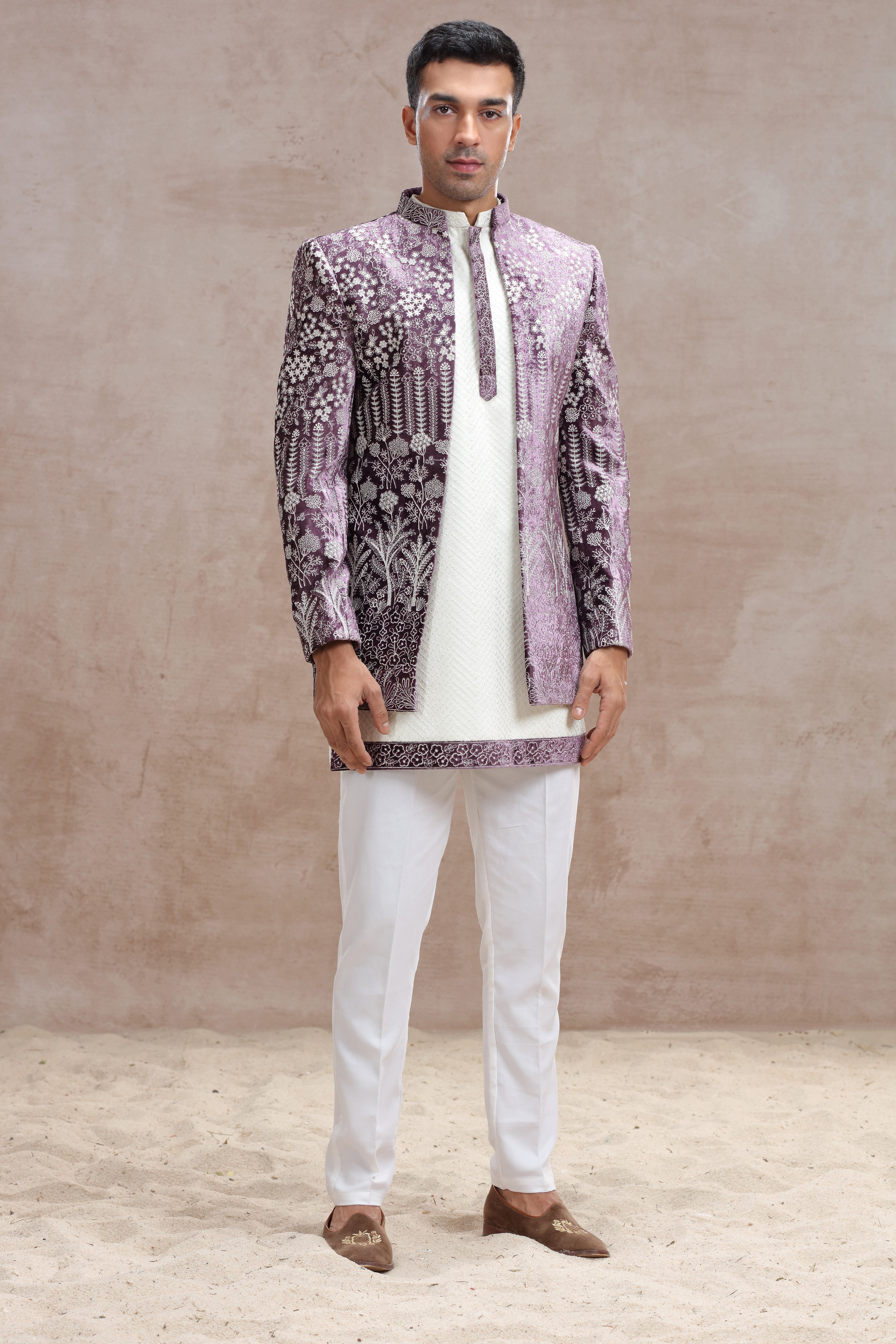 White & Lavender Indo Western with Chikankari & Thread Work