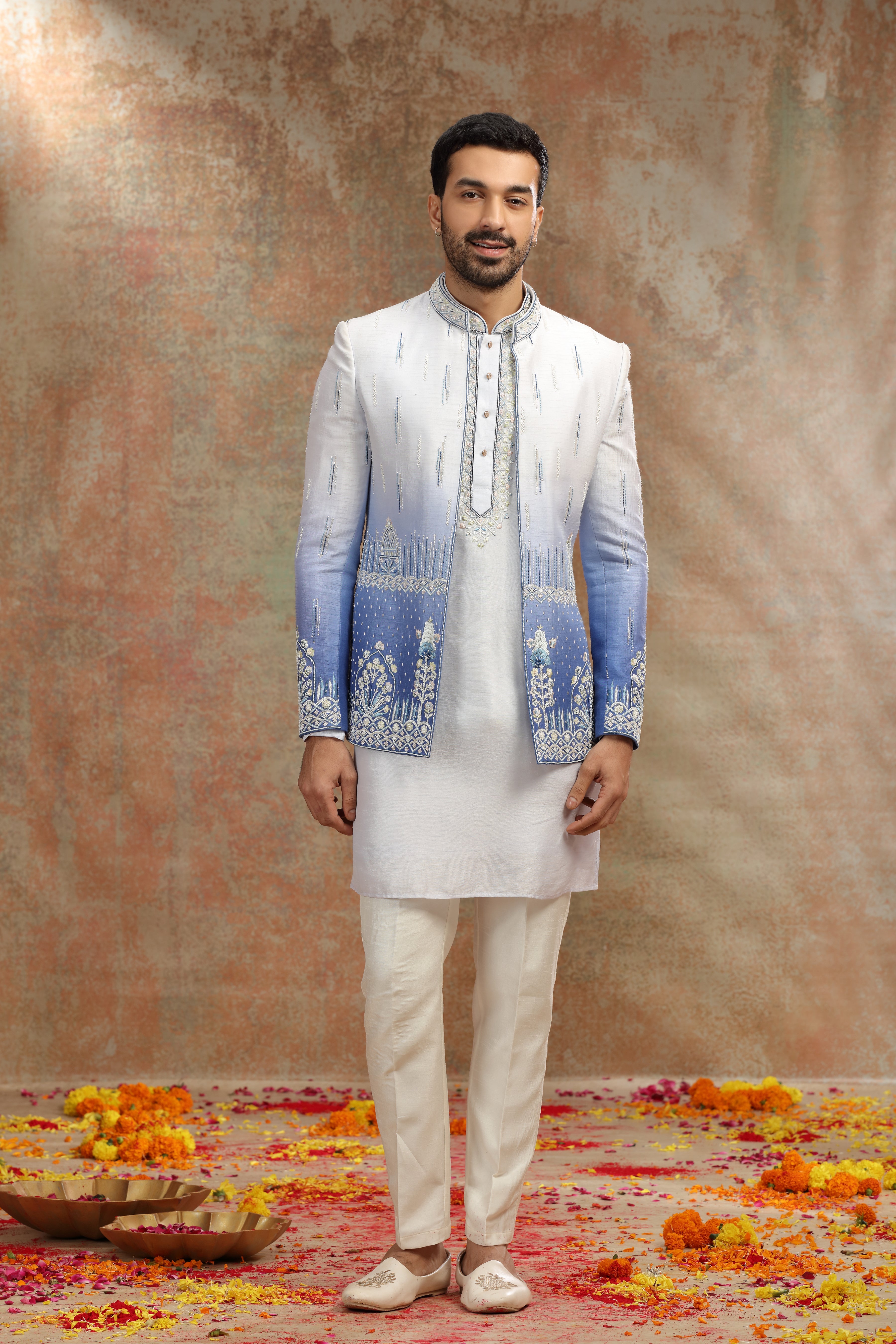 Blue Ombre Silk Jodhpuri Set with Beads Work
