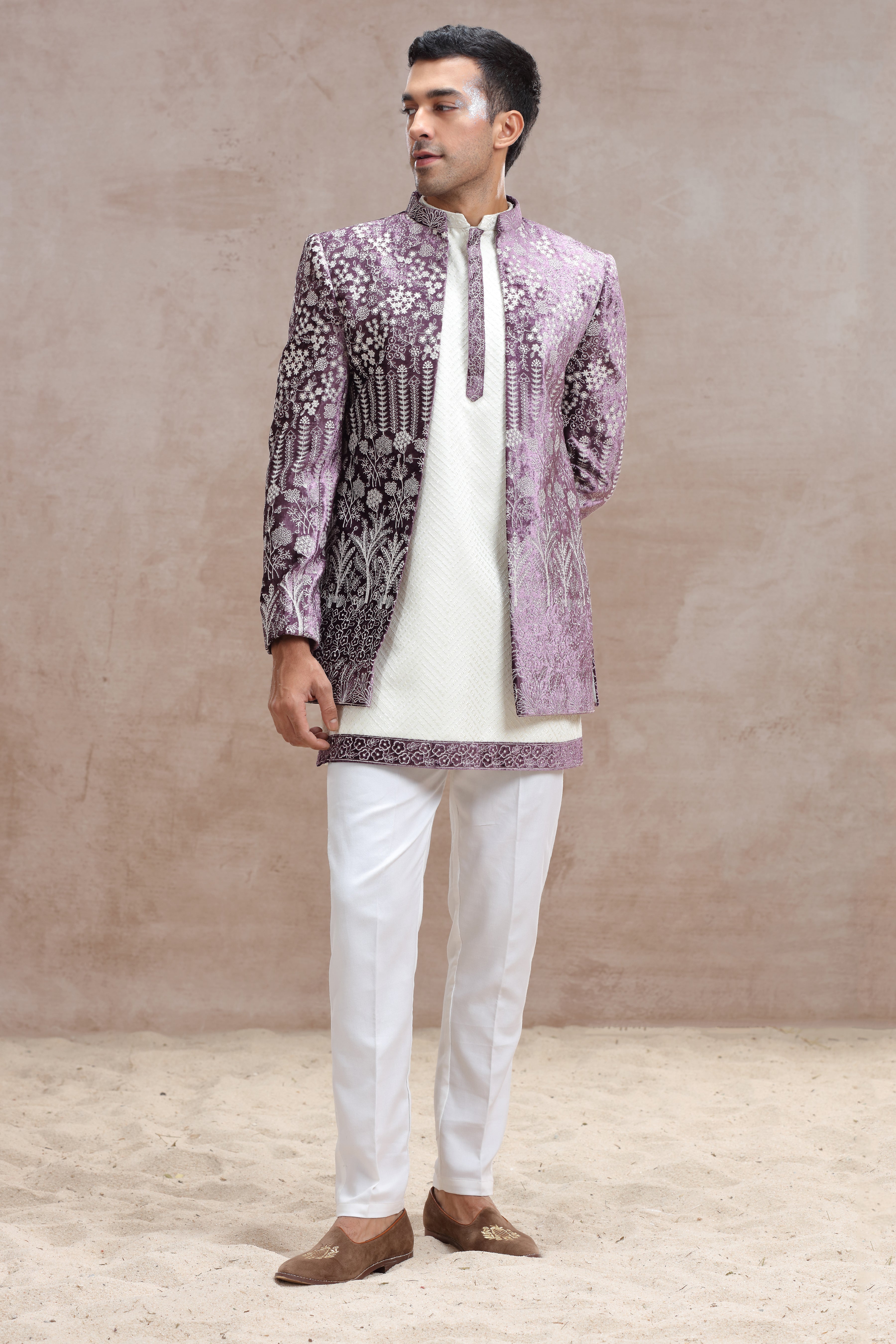 White & Lavender Indo Western with Chikankari & Thread Work