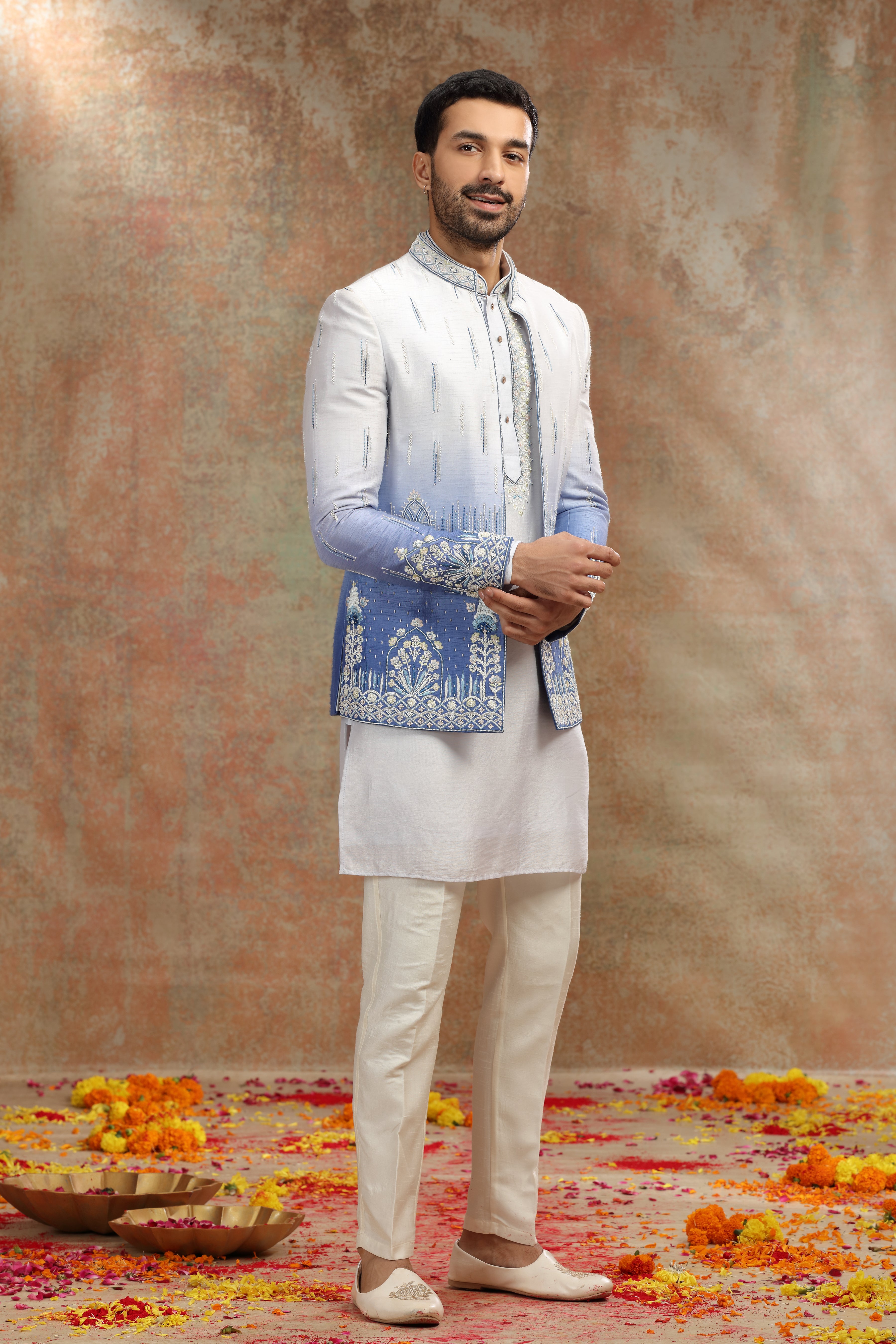 Blue Ombre Silk Jodhpuri Set with Beads Work