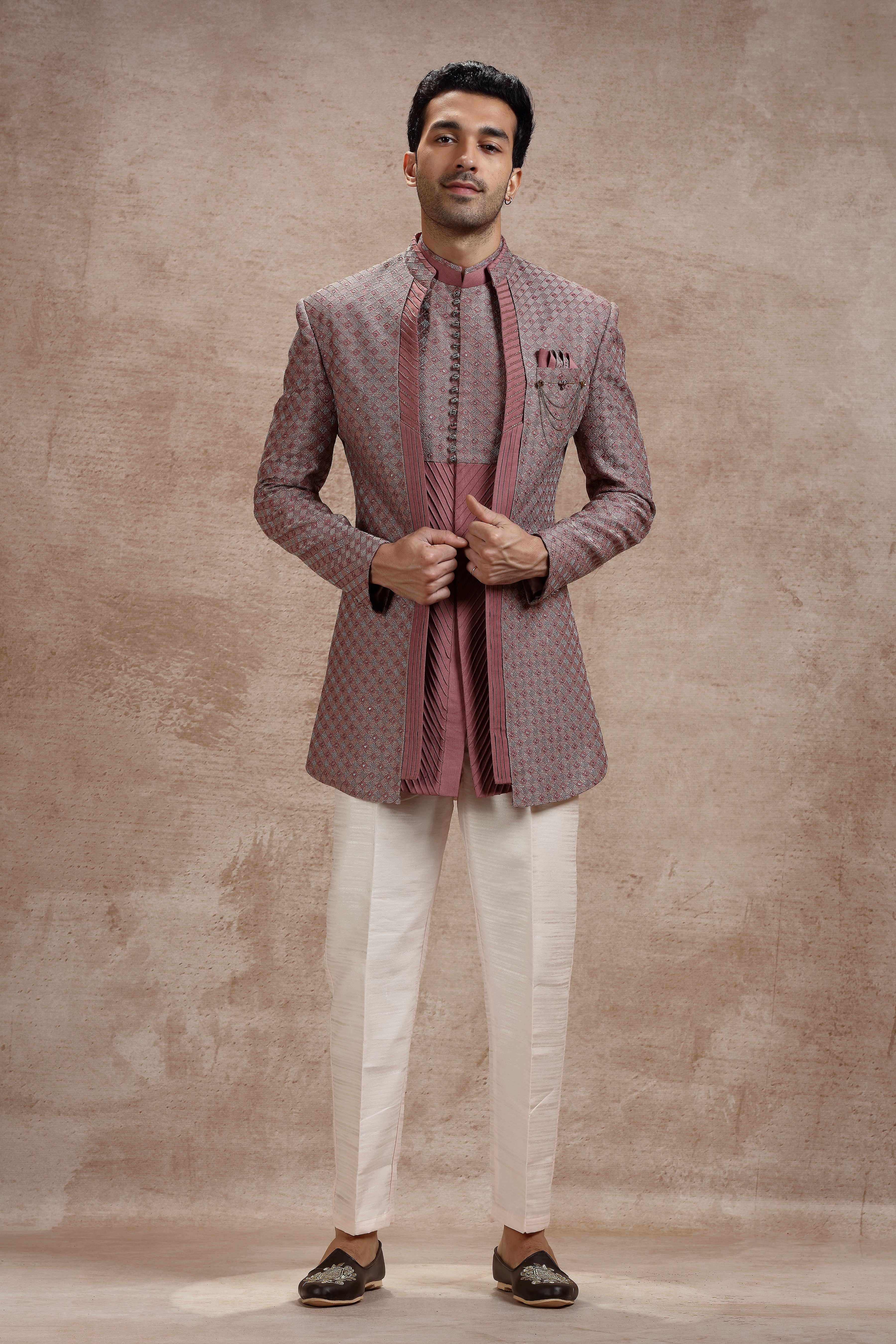 Coral Pink Silk Indowestern With Geometric Motifs - Shreeman