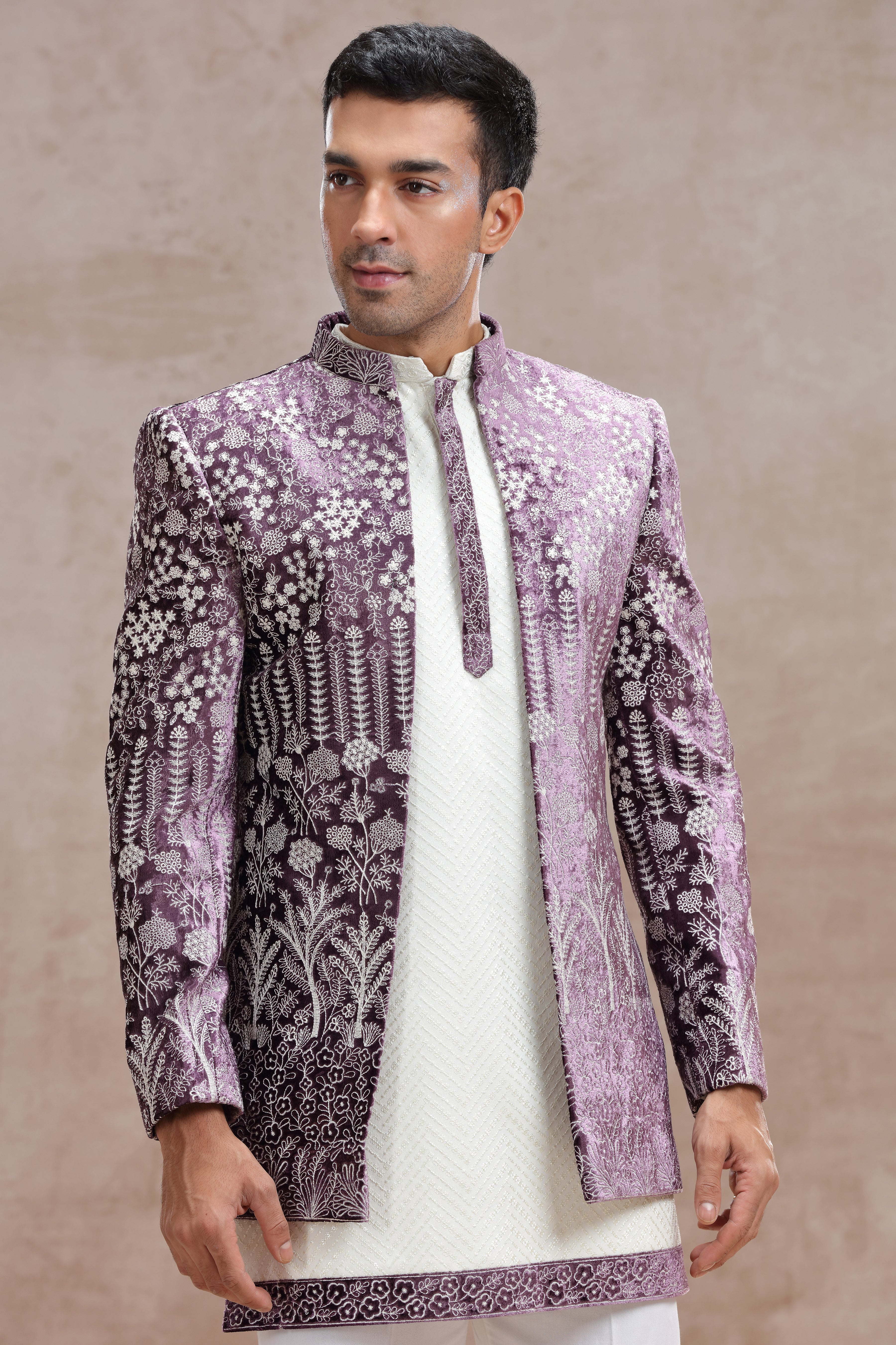 White & Lavender Indo Western with Chikankari & Thread Work