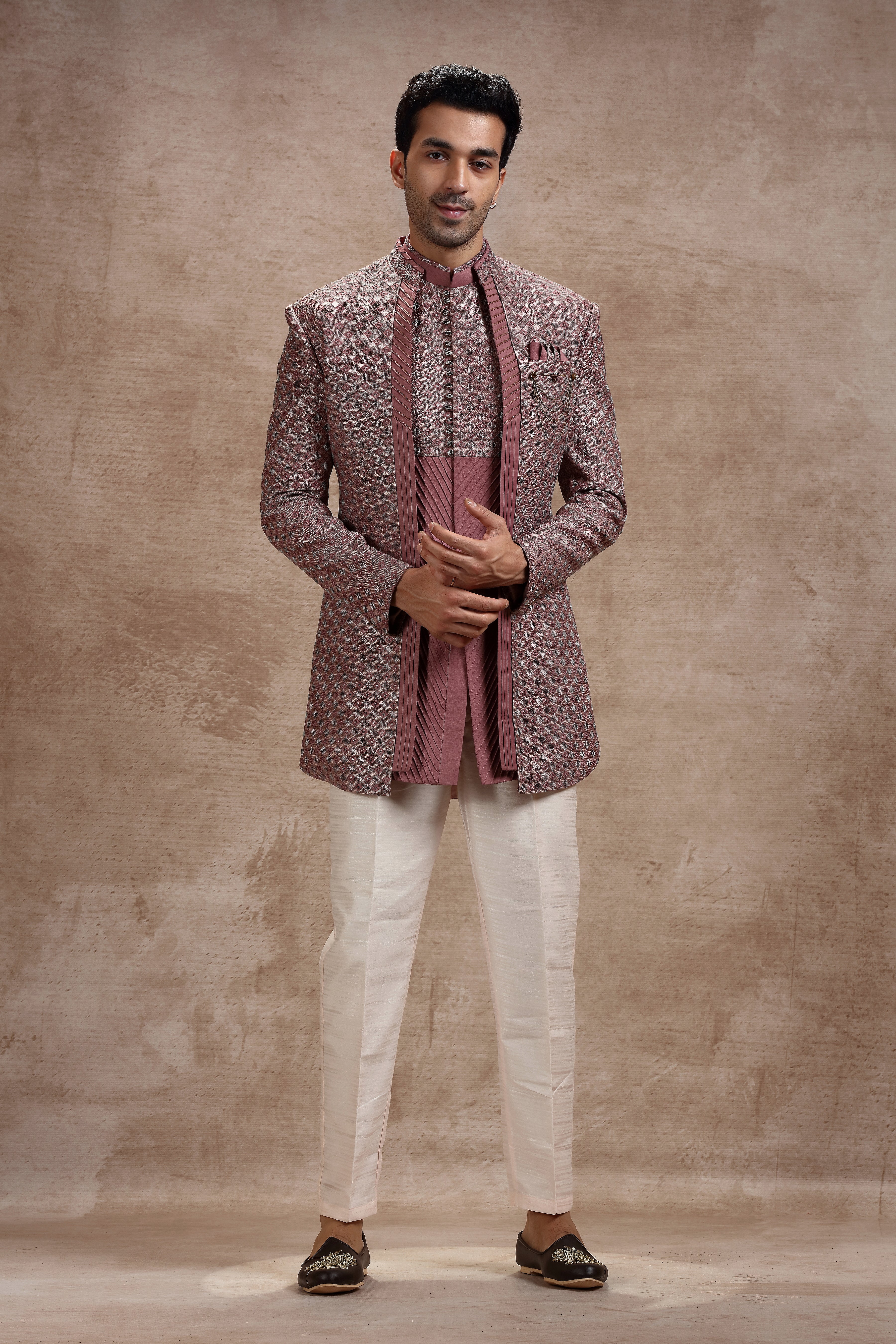 Coral Pink Silk Indowestern With Geometric Motifs - Shreeman