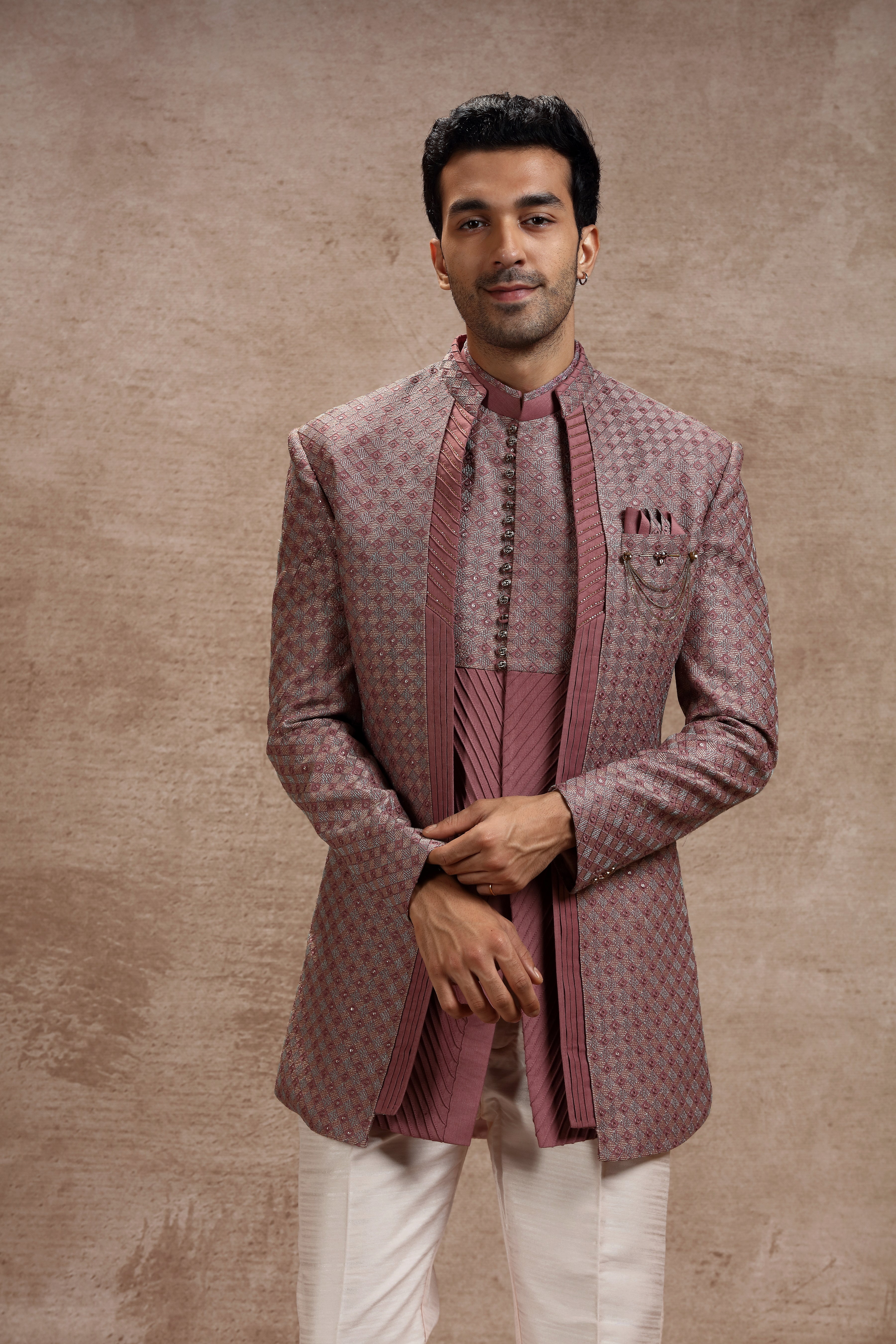 Coral Pink Silk Indowestern With Geometric Motifs - Shreeman