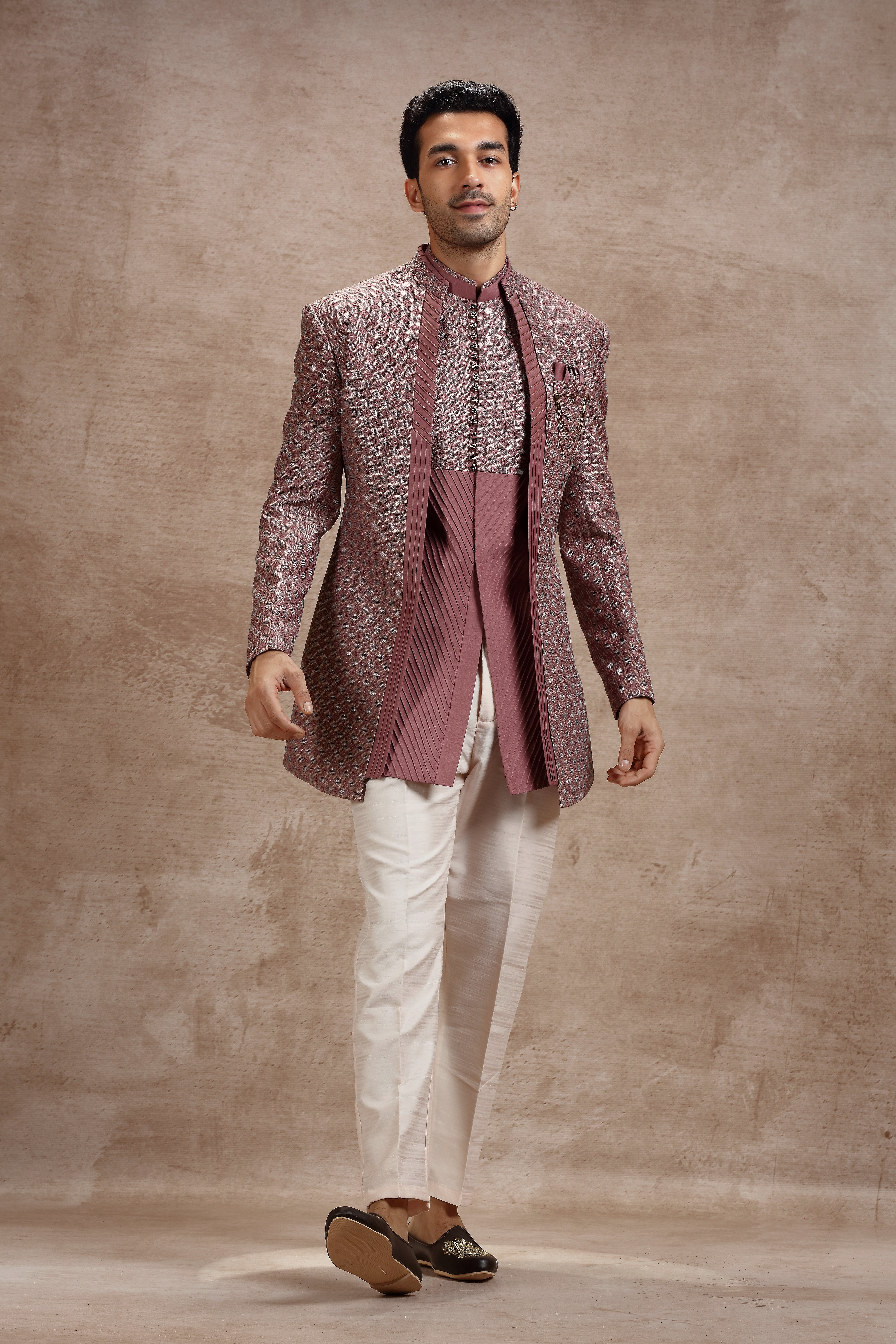 Coral Pink Silk Indowestern With Geometric Motifs - Shreeman