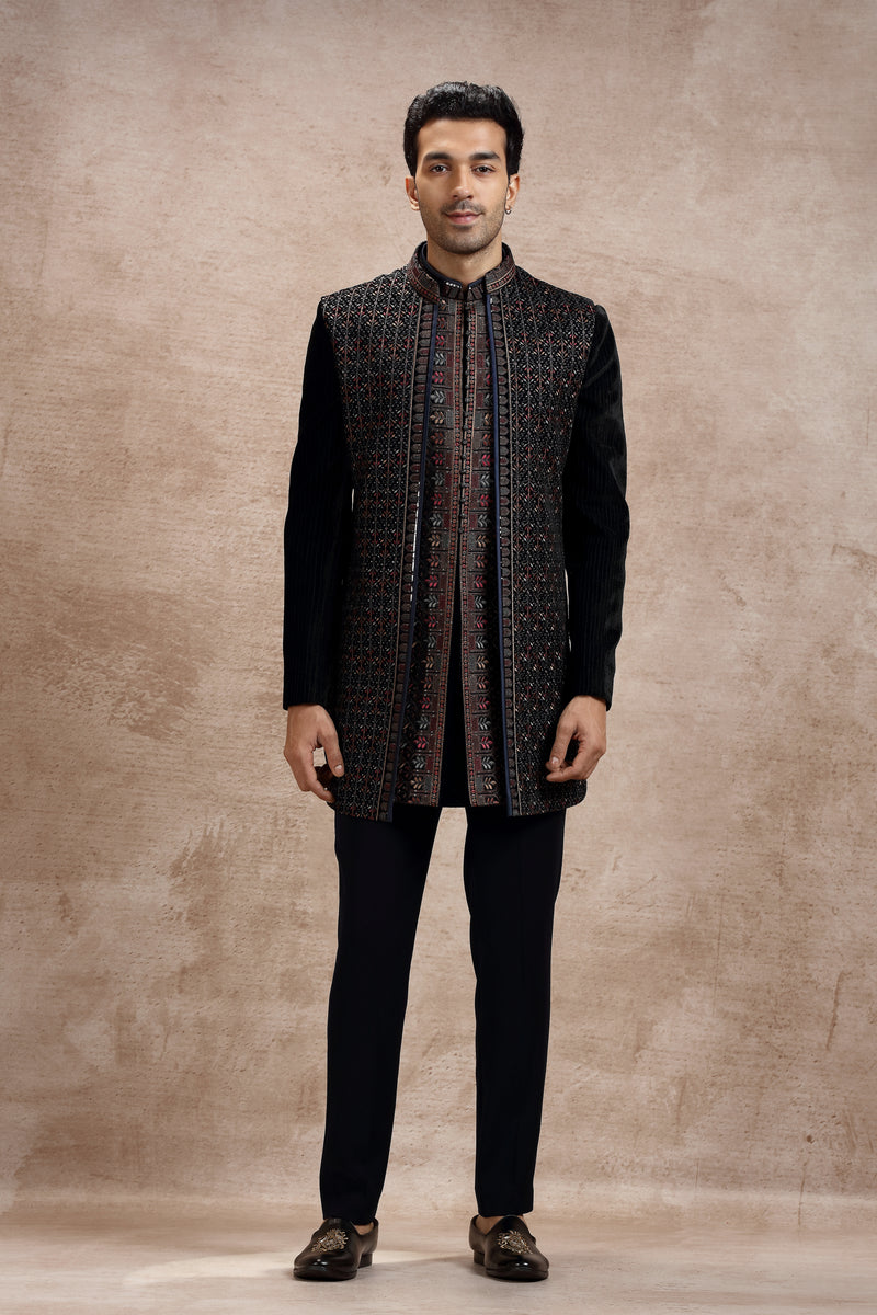 Black Velvet Jacket Set With Resham Embroidery
