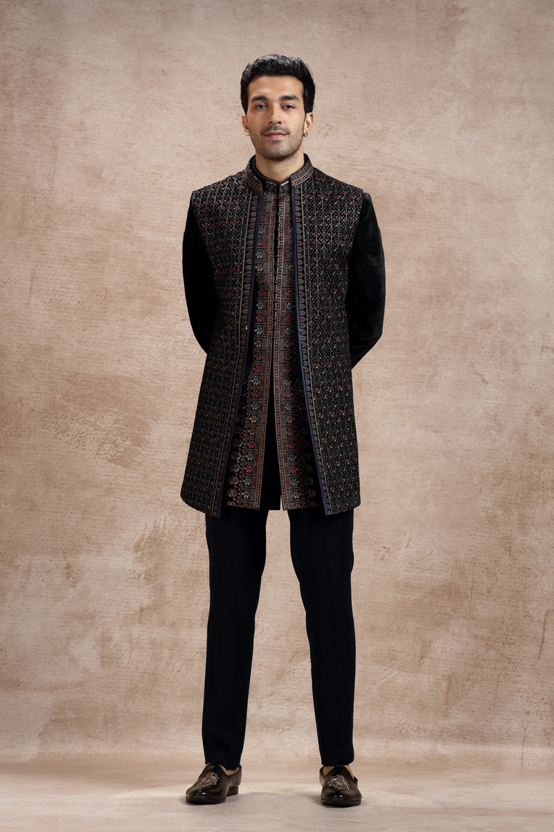 Black Velvet Jacket Set With Resham Embroidery