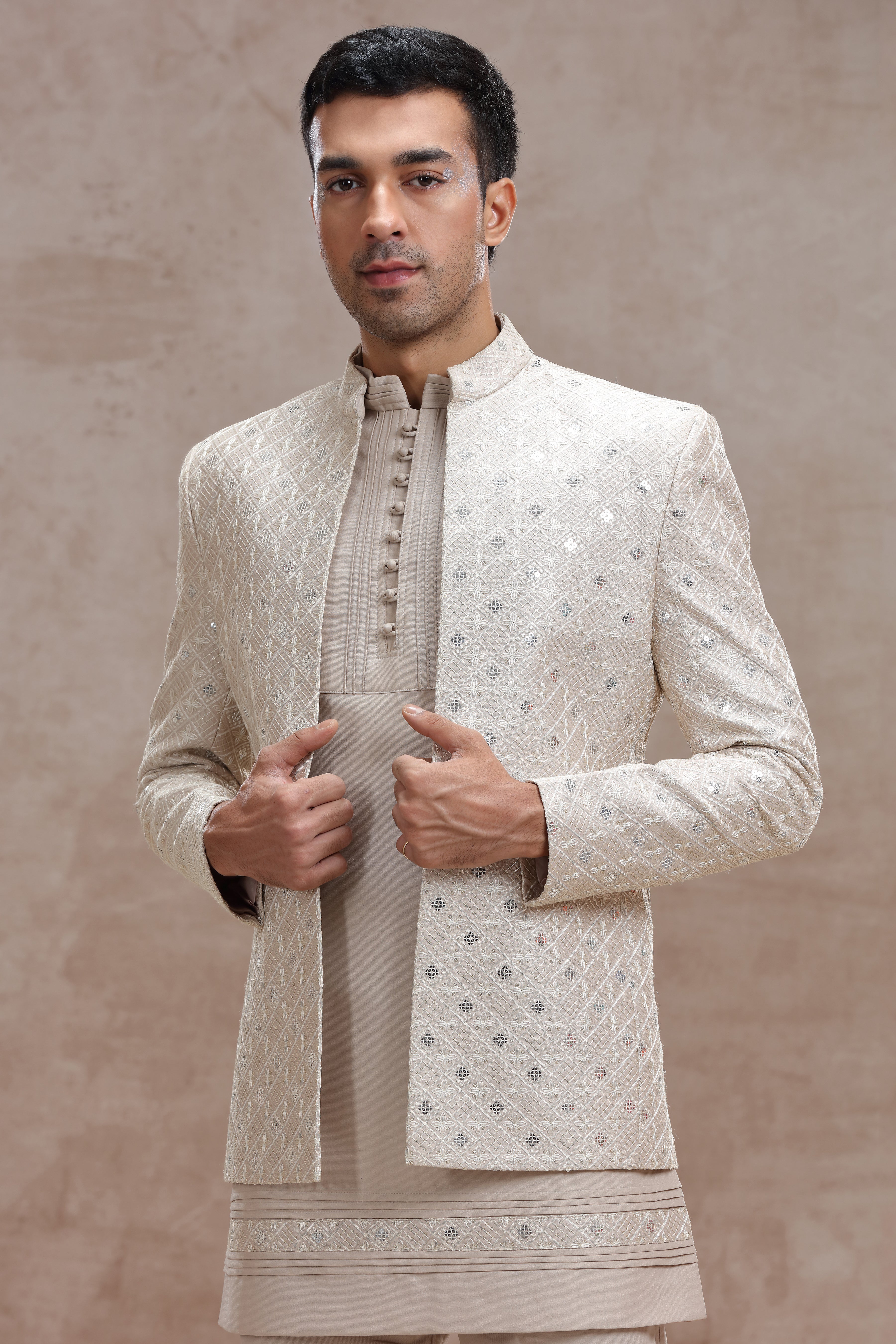 Beige Indo Western with Elegant Thread Work