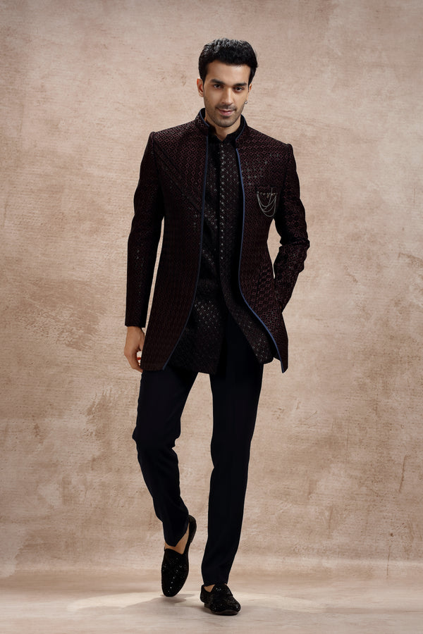 Wine Velvet Indo Western Kurta with Geometric Motifs