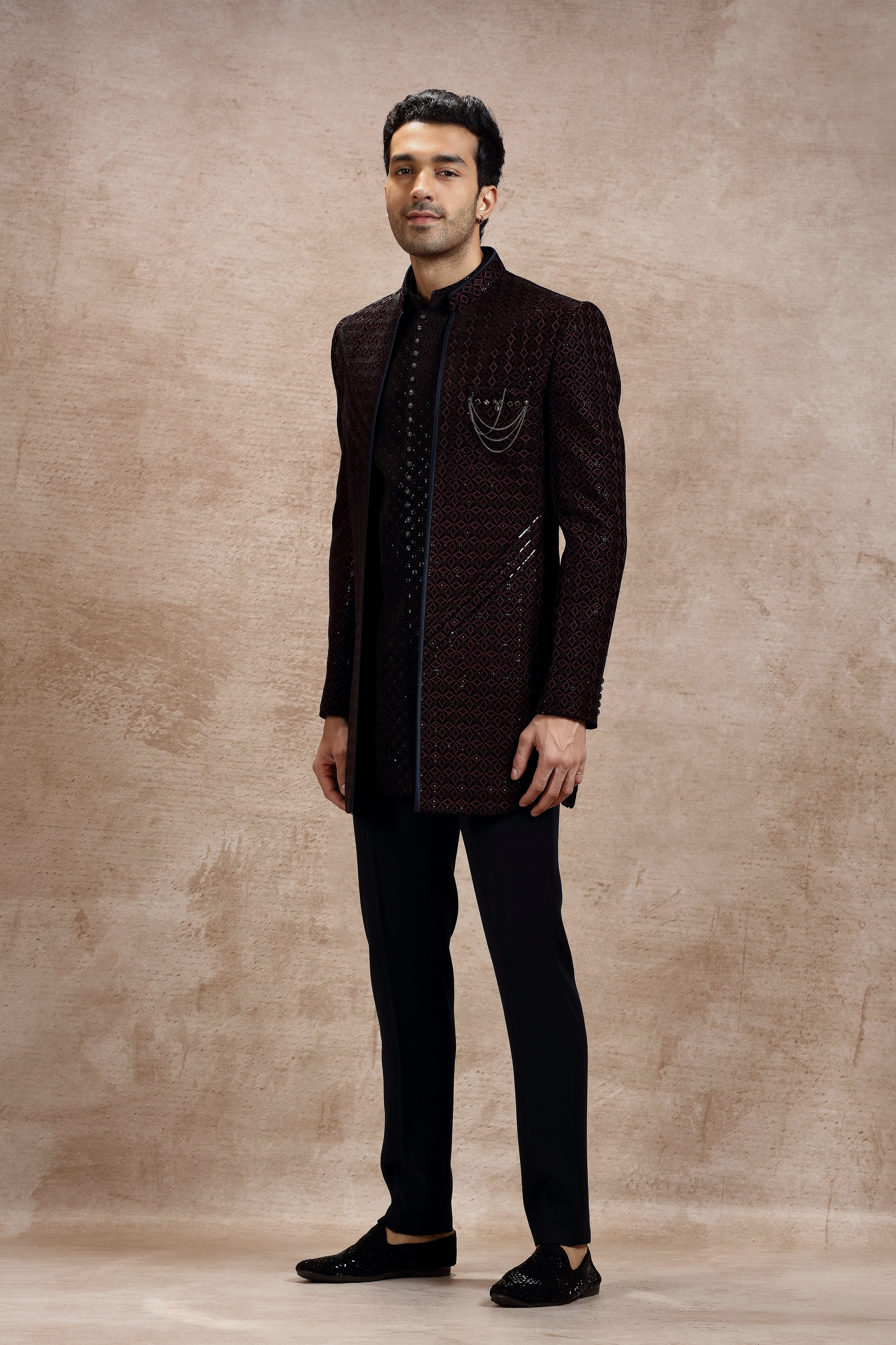 Wine Velvet Indo Western Kurta with Geometric Motifs - Shreeman