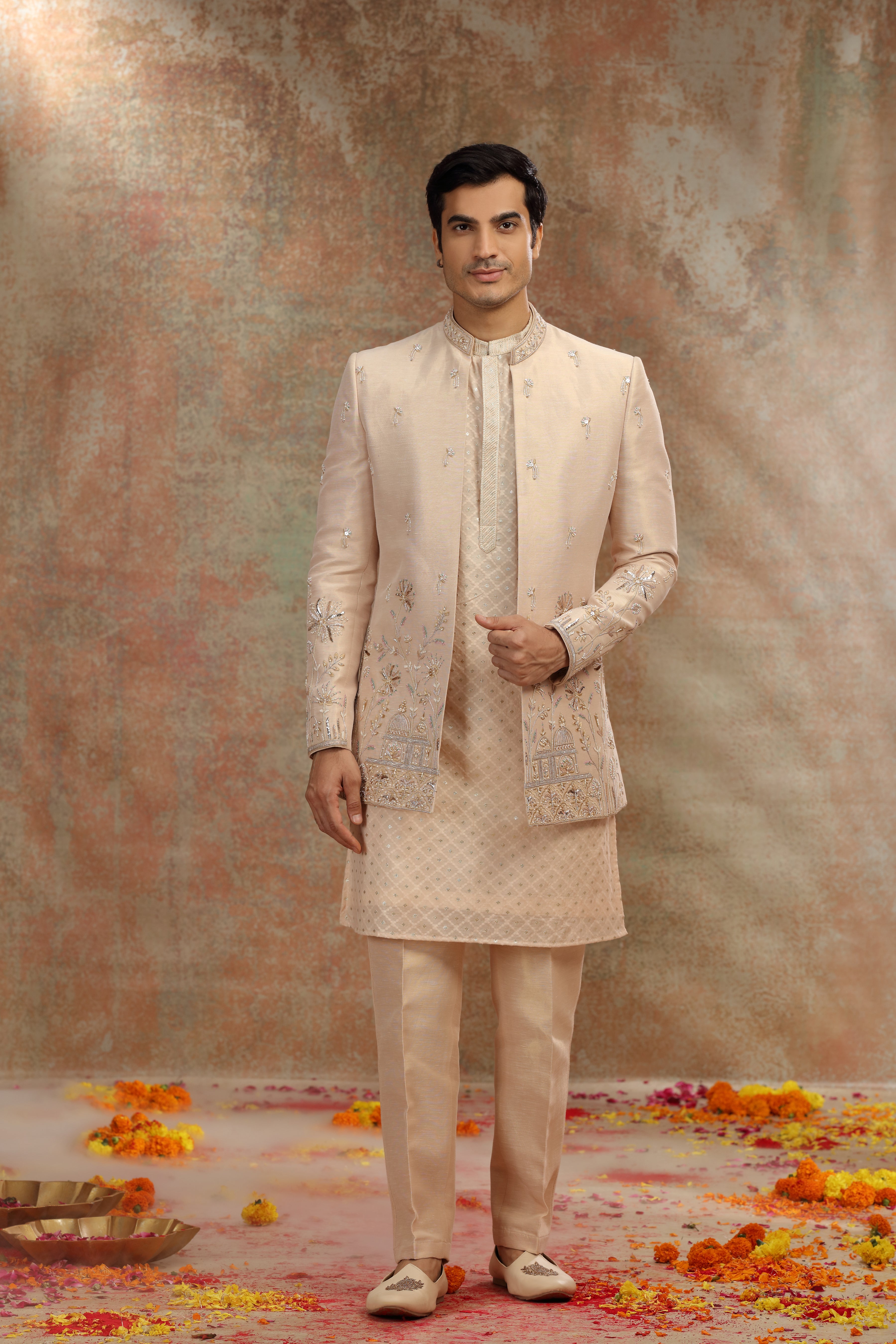 Golden Silk Tissue Jodhpuri Set with Badla Work