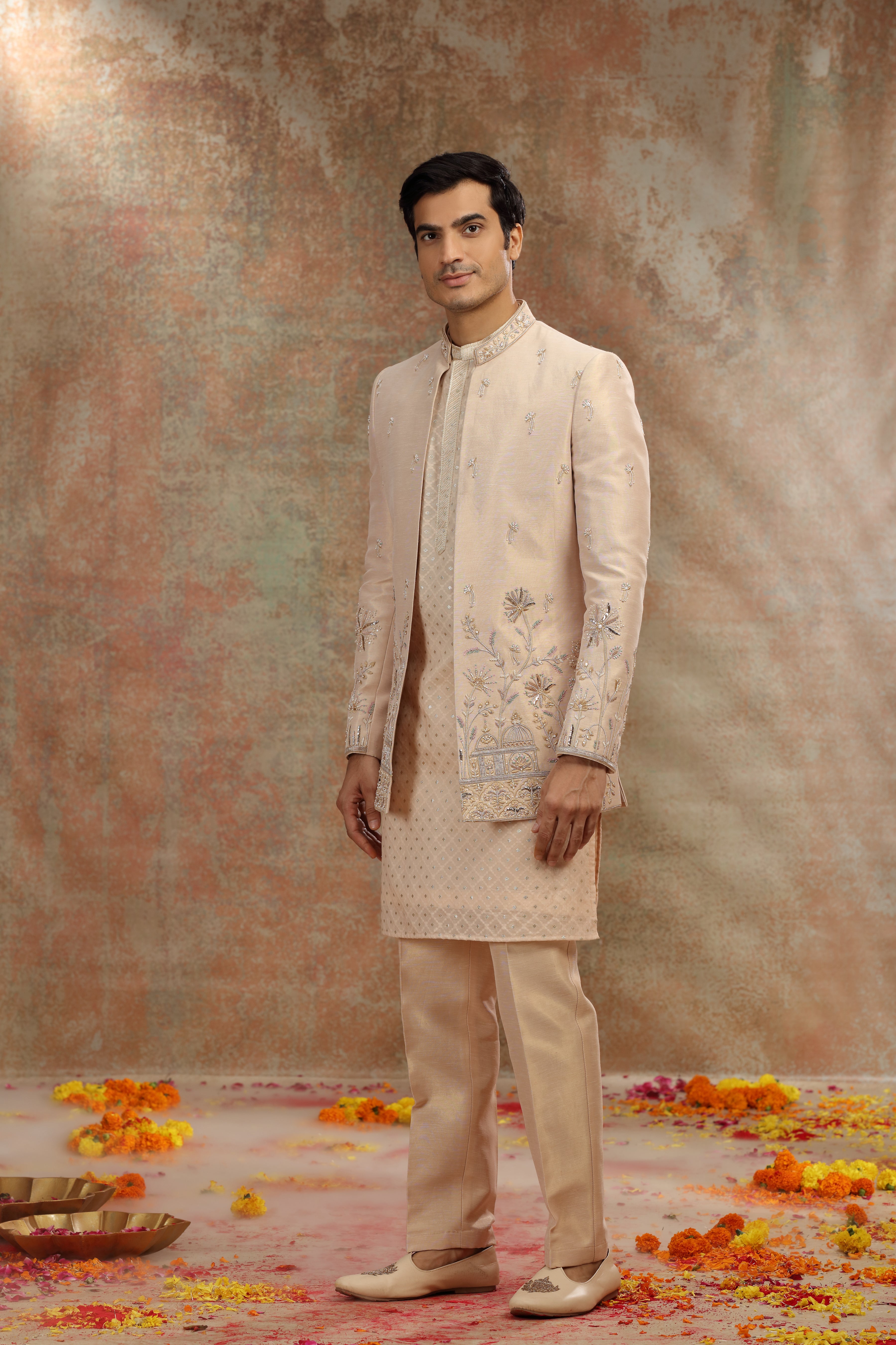 Golden Silk Tissue Jodhpuri Set with Badla Work