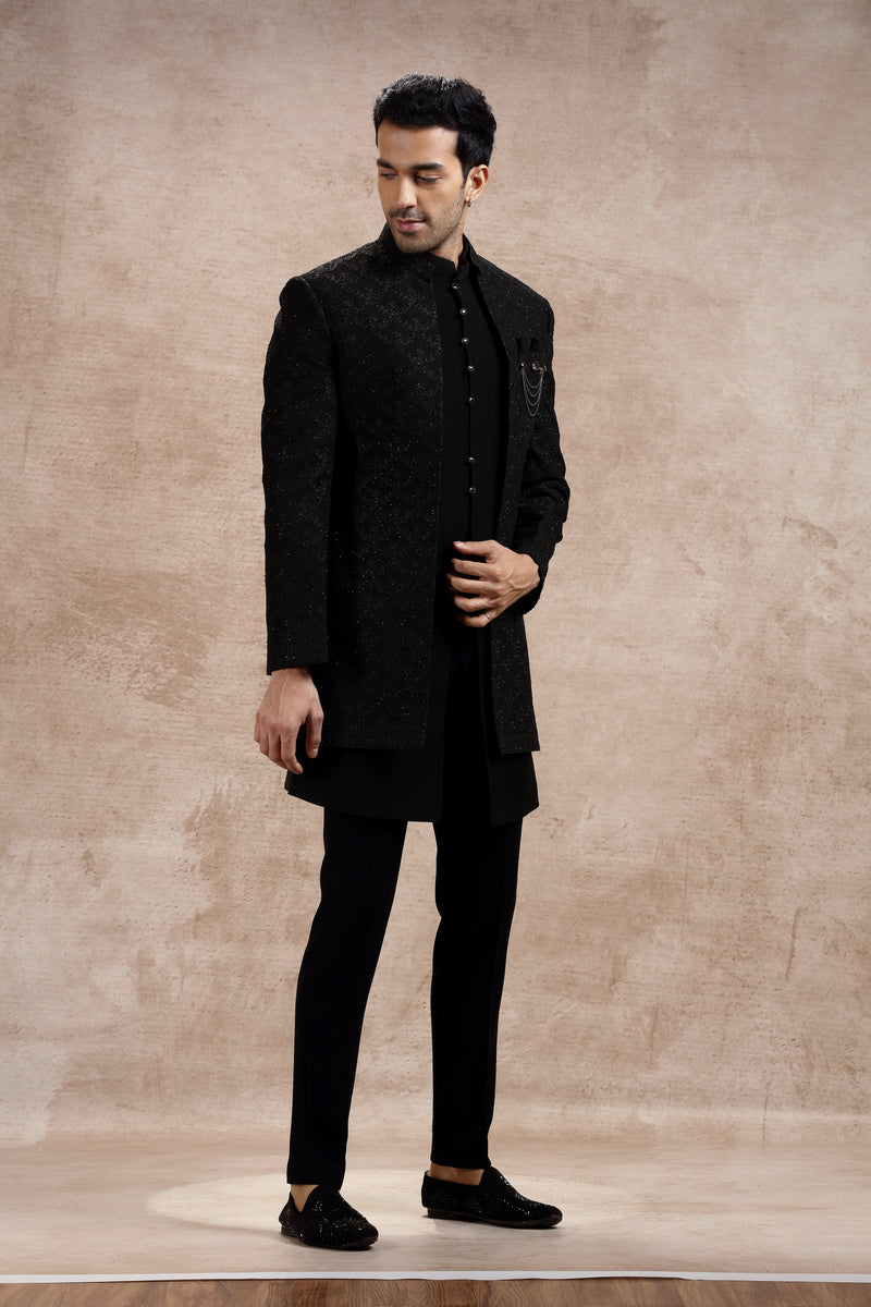 Black Silk Indowestern With Thread Work & Sequins