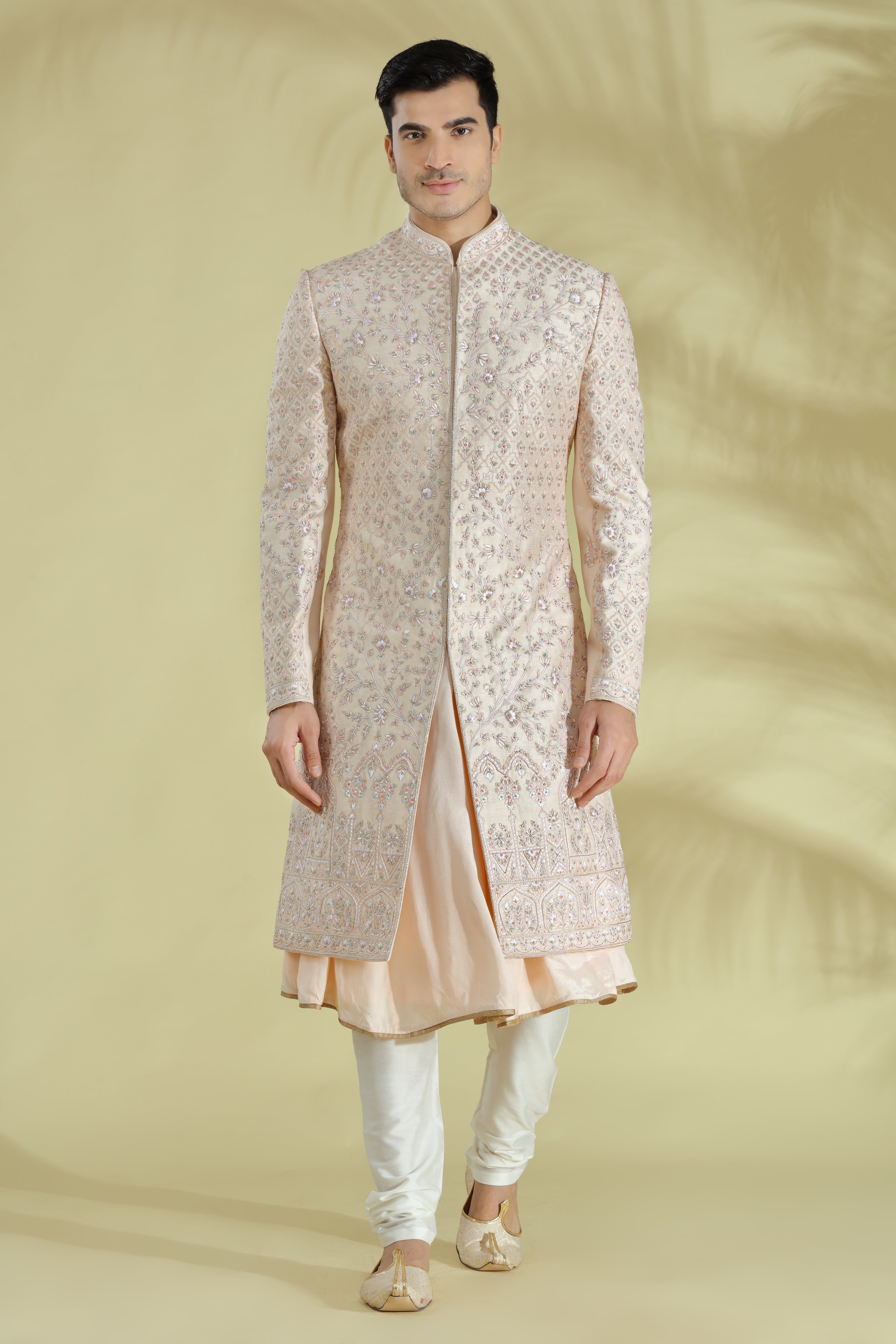 Light Beige Sherwani Set Embroidered With Floral Motif In Resham, Kasab, Zardosi, Cut Dana And Bead (S) 36 Light Beige