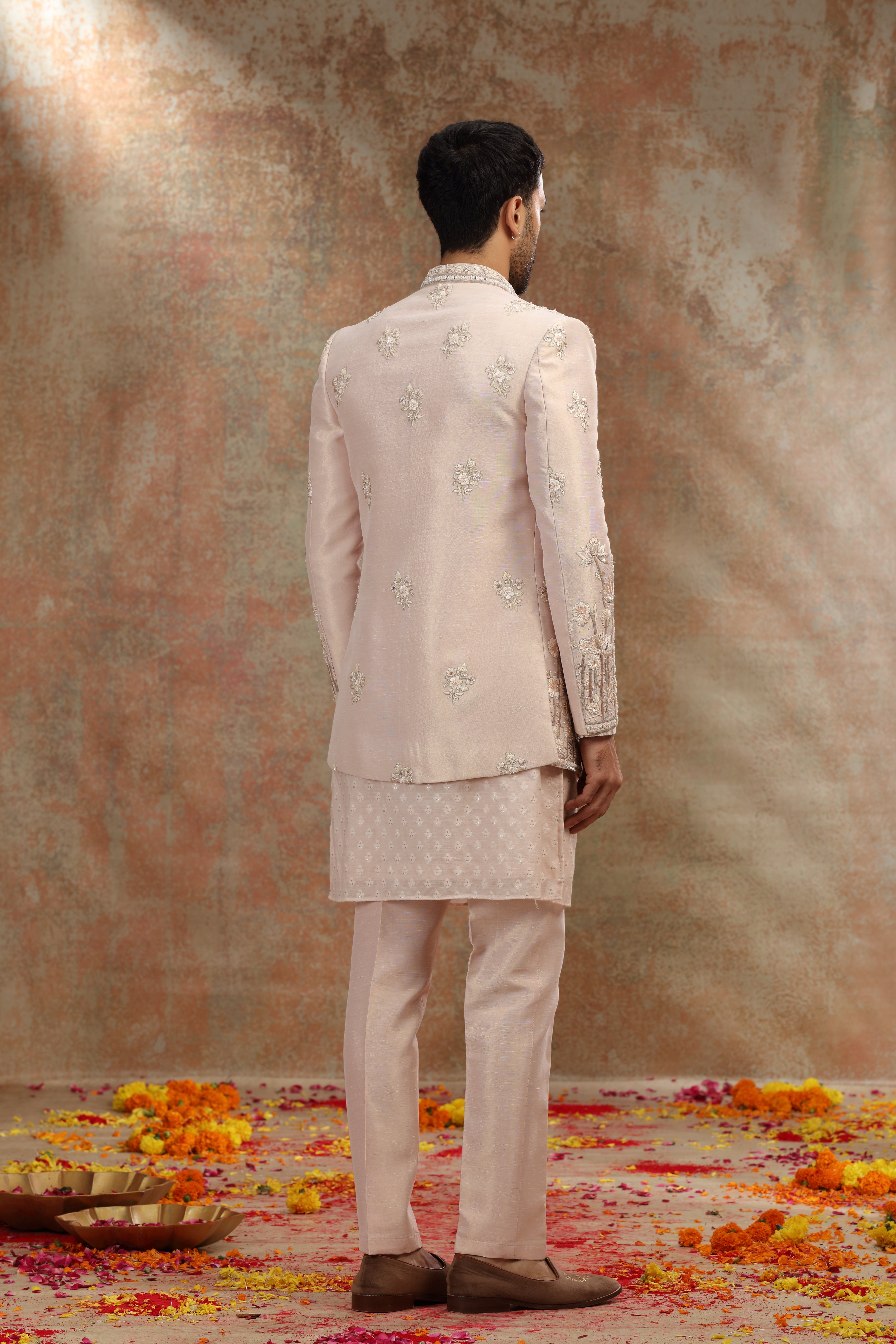 Golden Silk Tissue Jodhpuri Set with Mirror Work