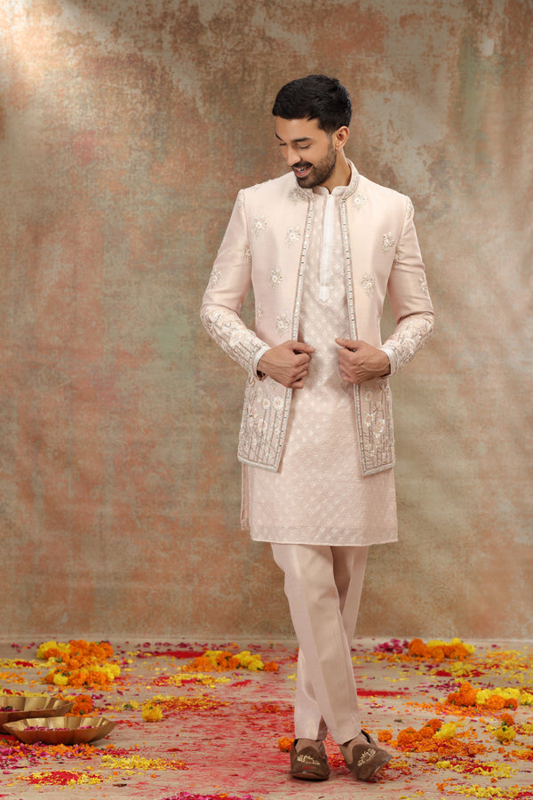 Golden Silk Tissue Jodhpuri Set with Mirror Work