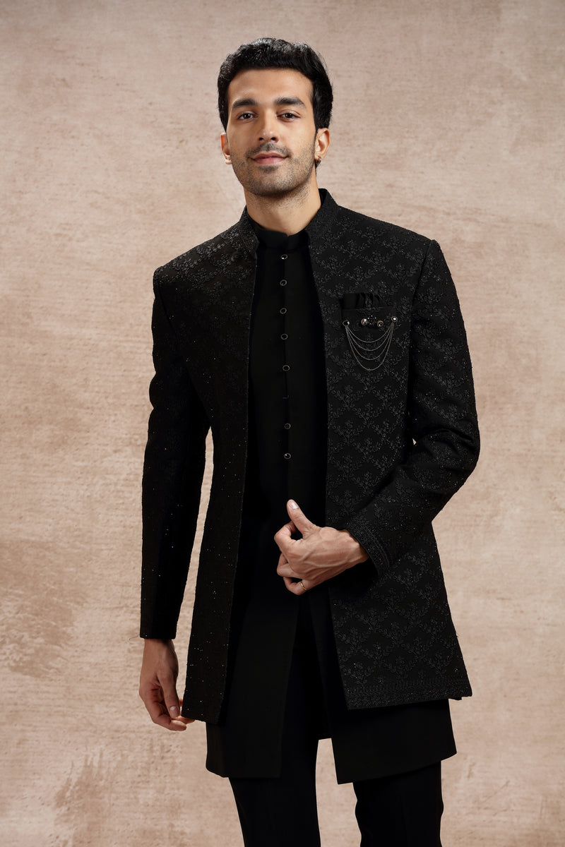 Black Silk Indowestern With Thread Work & Sequins
