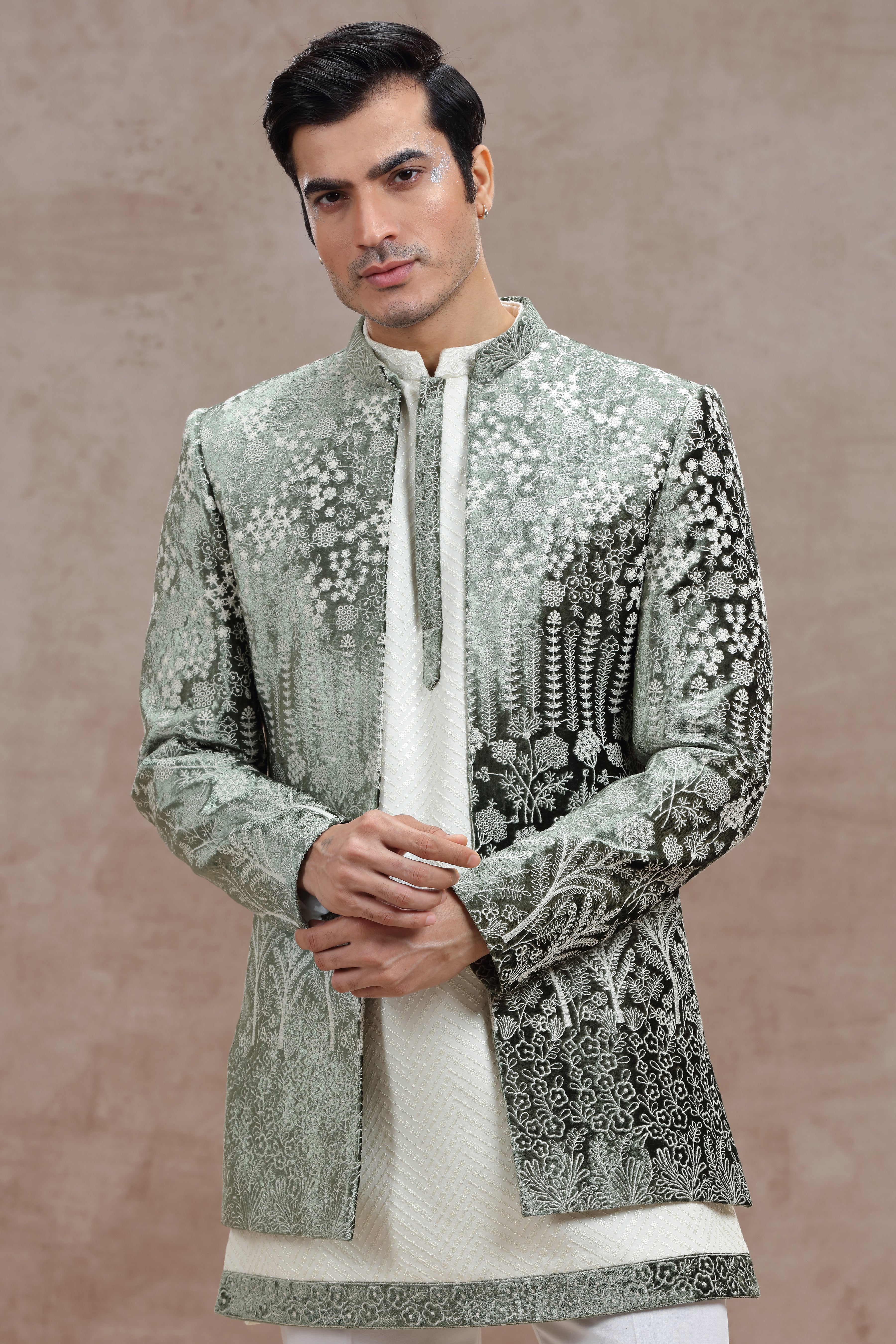 White & Olive Green Indo Western with Thread Work