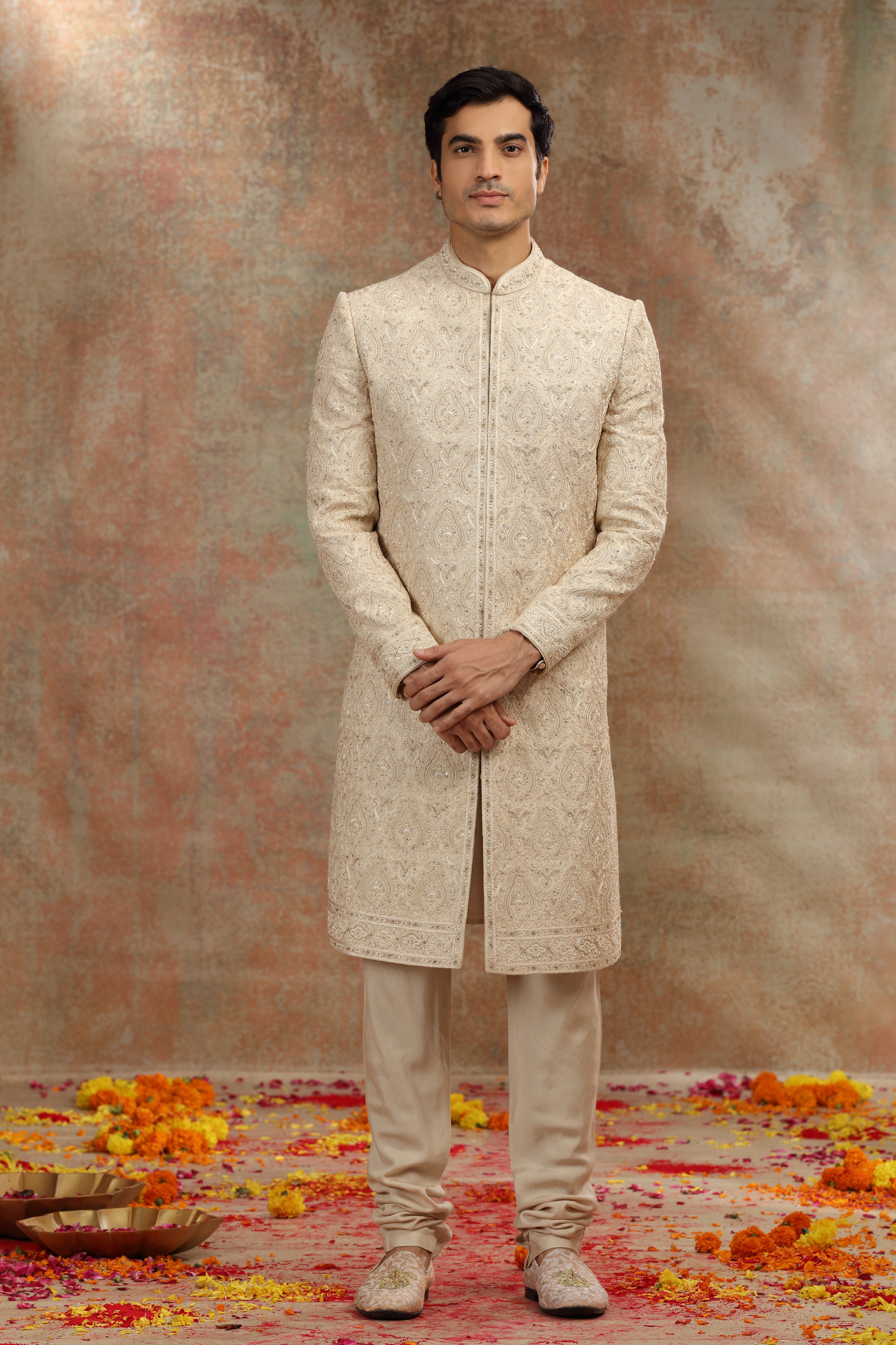 Gold Beige Silk Sherwani with Dori Work