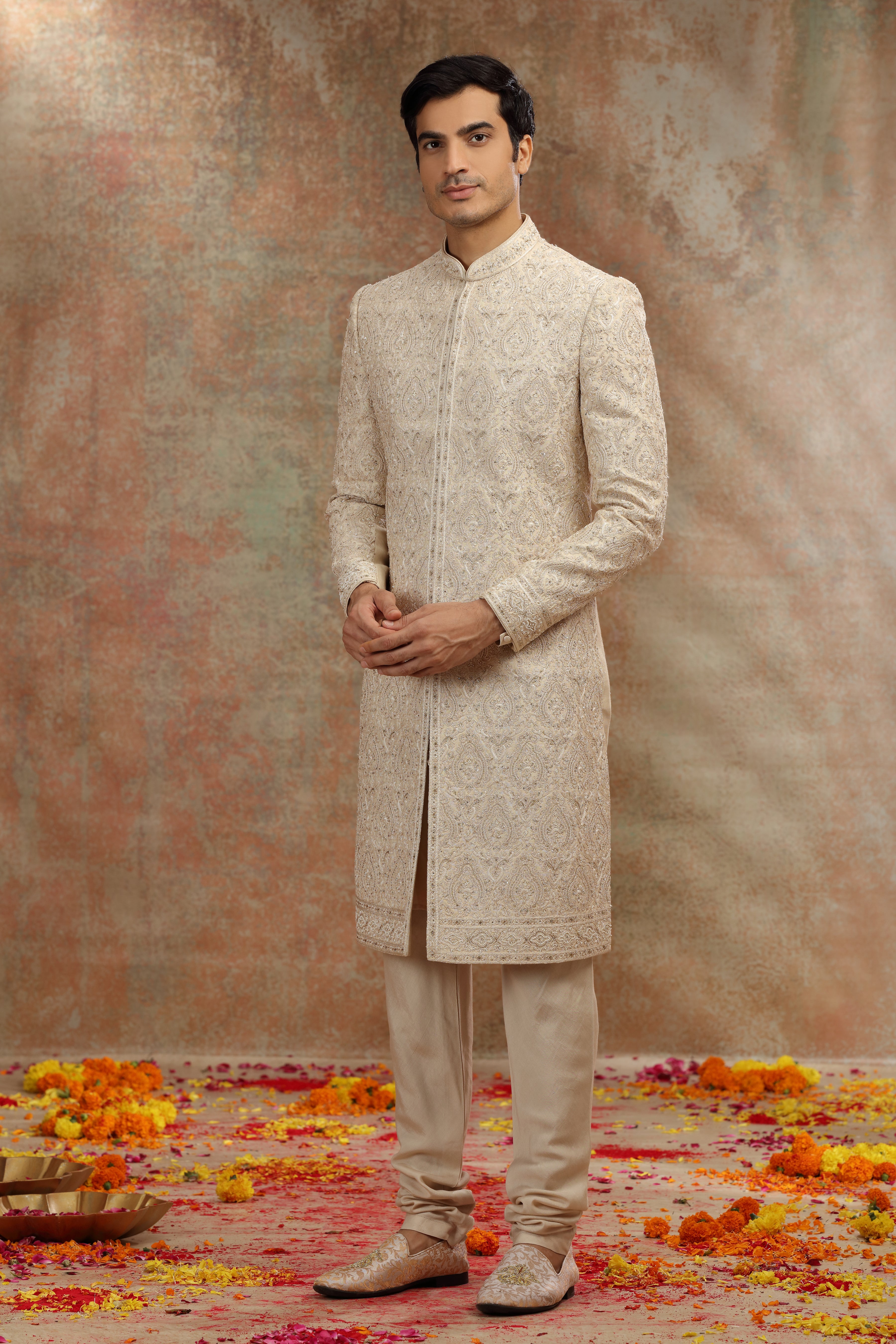 Gold Beige Silk Sherwani with Dori Work